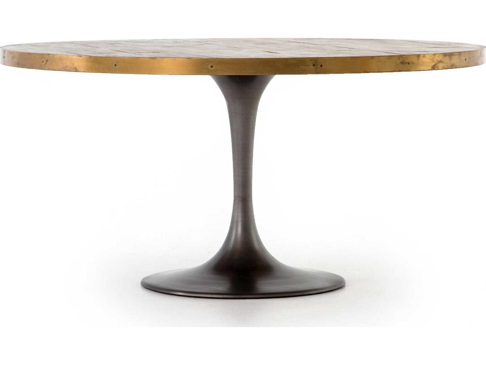 Four Hands Hughes Evans Round Metal Vessel Grey Polished Brass Light Burnt Oak Dining Table