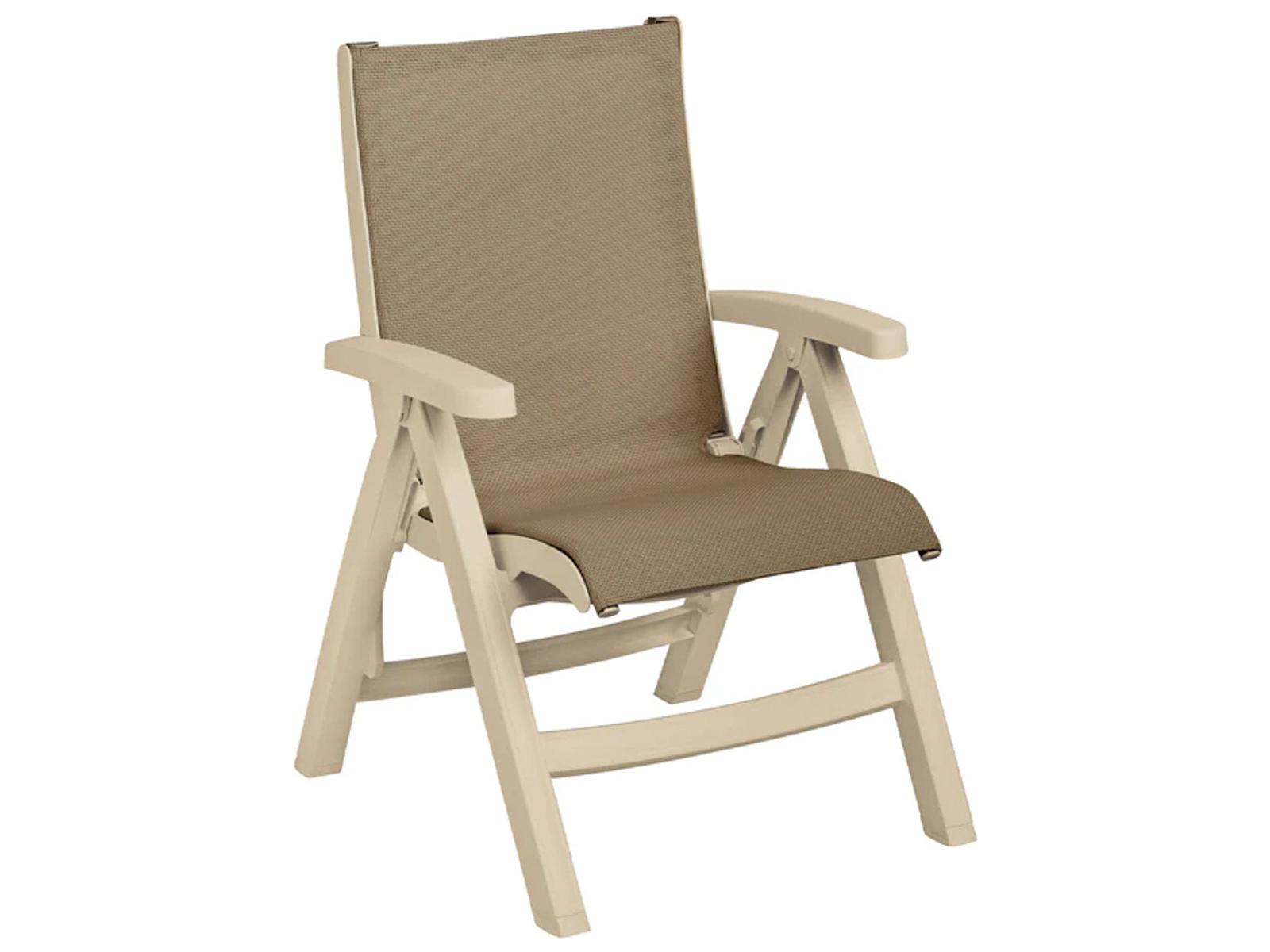 Grosfillex Jamaica Beach Sling Resin Sandstone Midback Folding Patio Lounge Chair in Taupe