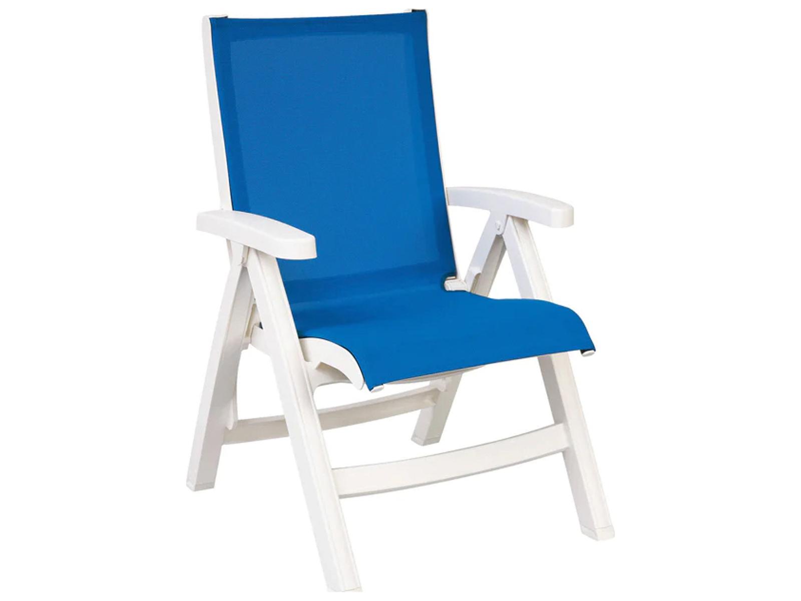 Grosfillex Jamaica Beach Sling Resin White Midback Folding Patio Lounge Chair in Royal Blue