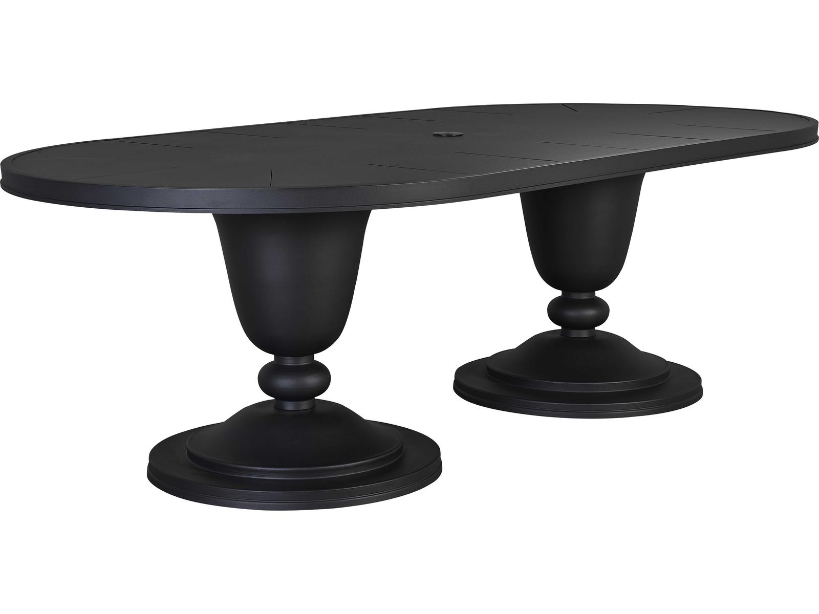 Lane Venture Winterthur Obsidian Black Aluminum Oval Double Pedestal Patio Dining Table with Umbrella Hole