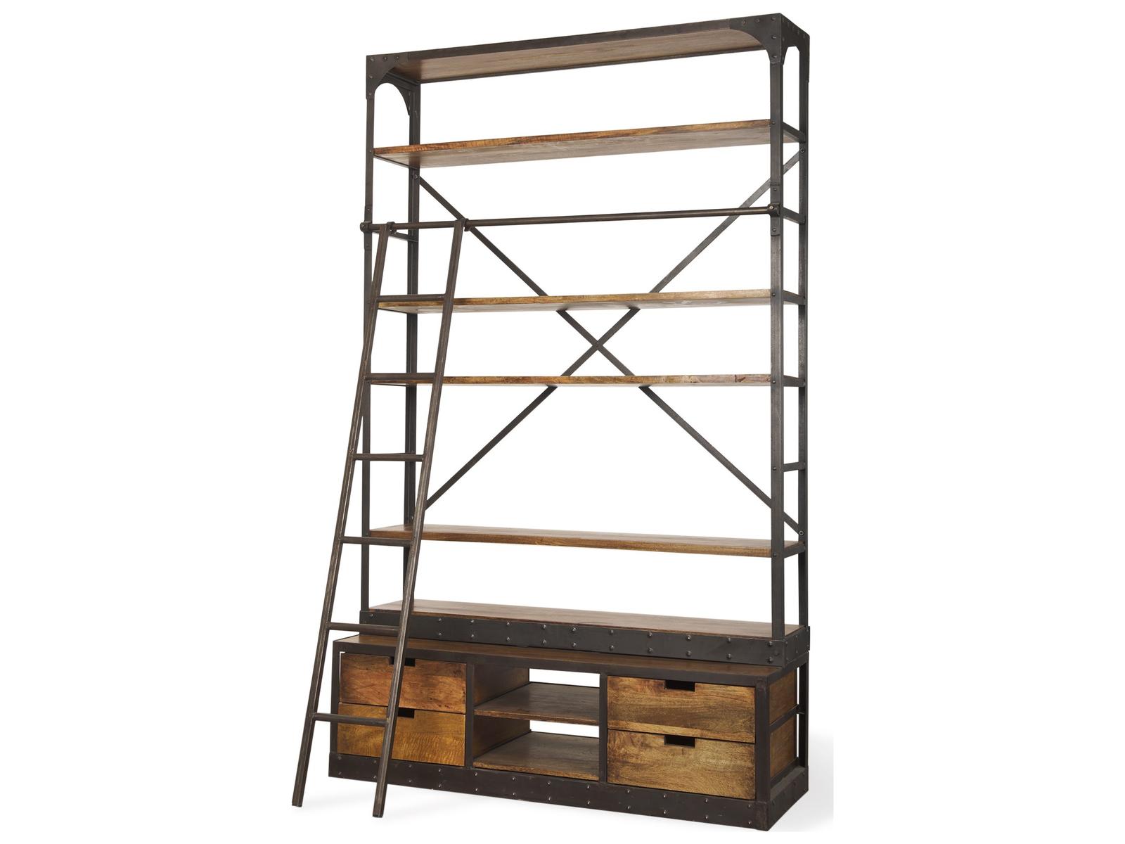 Mercana Brodie II Medium Brown Wood Black Ladder Four Shelf Shelving Unit 57L x 20.5W x94H