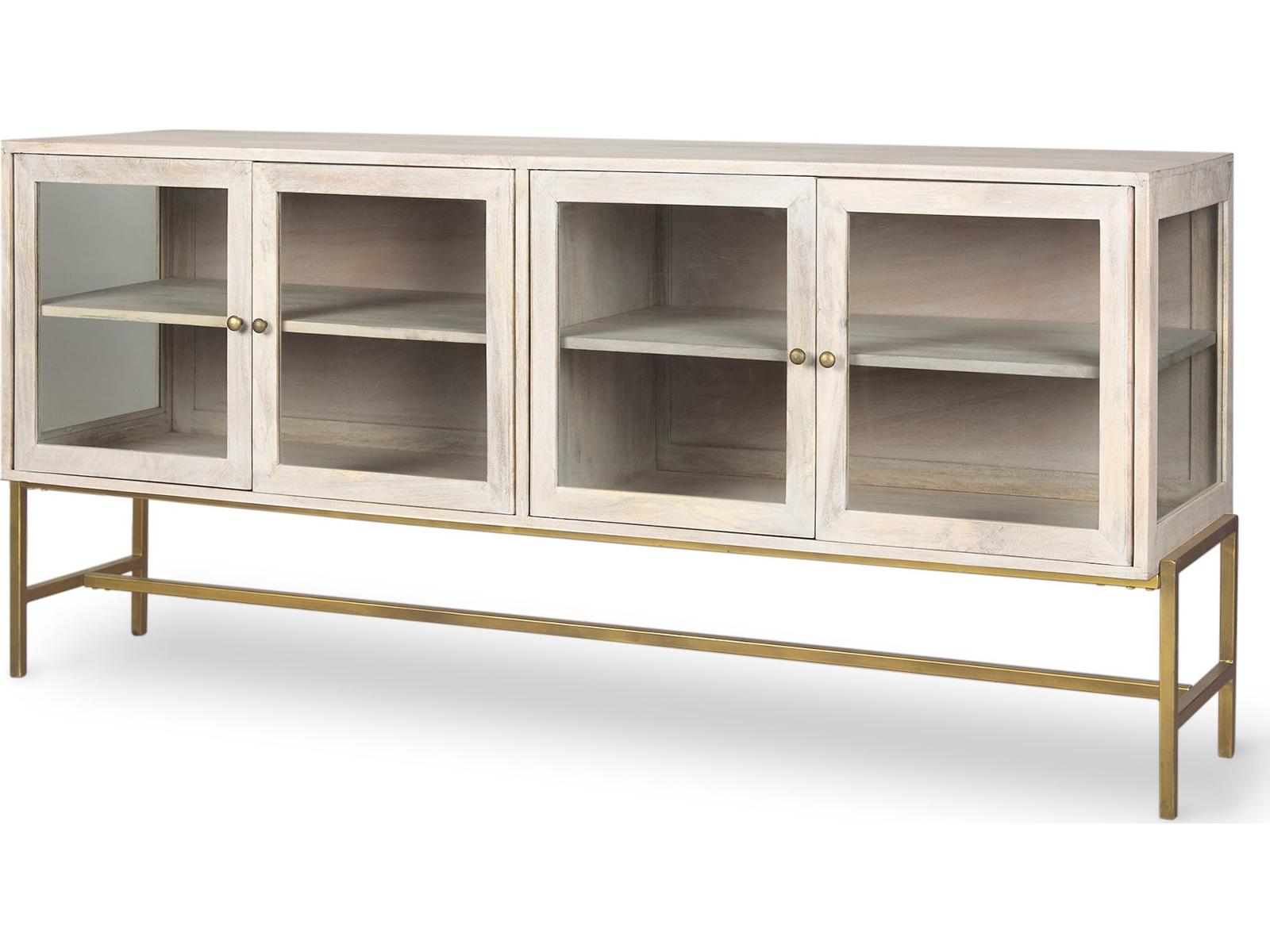 Mercana Arelius 70L x 18.75W x 32H White Wood W/ Gold Metal Base 4 Door Glass Cabinet Sideboard
