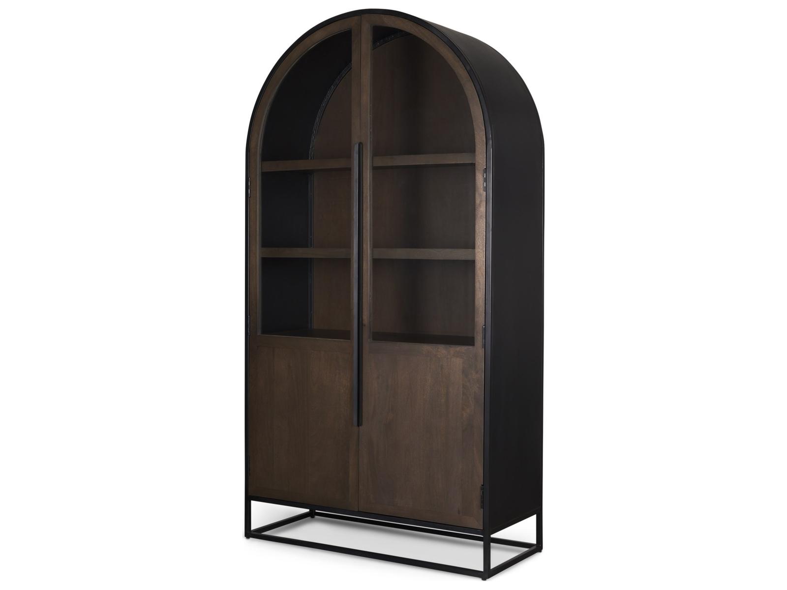 Mercana Sloan 80.5H Dark Brown Wood W/Black Metal Arched Curio Cabinet