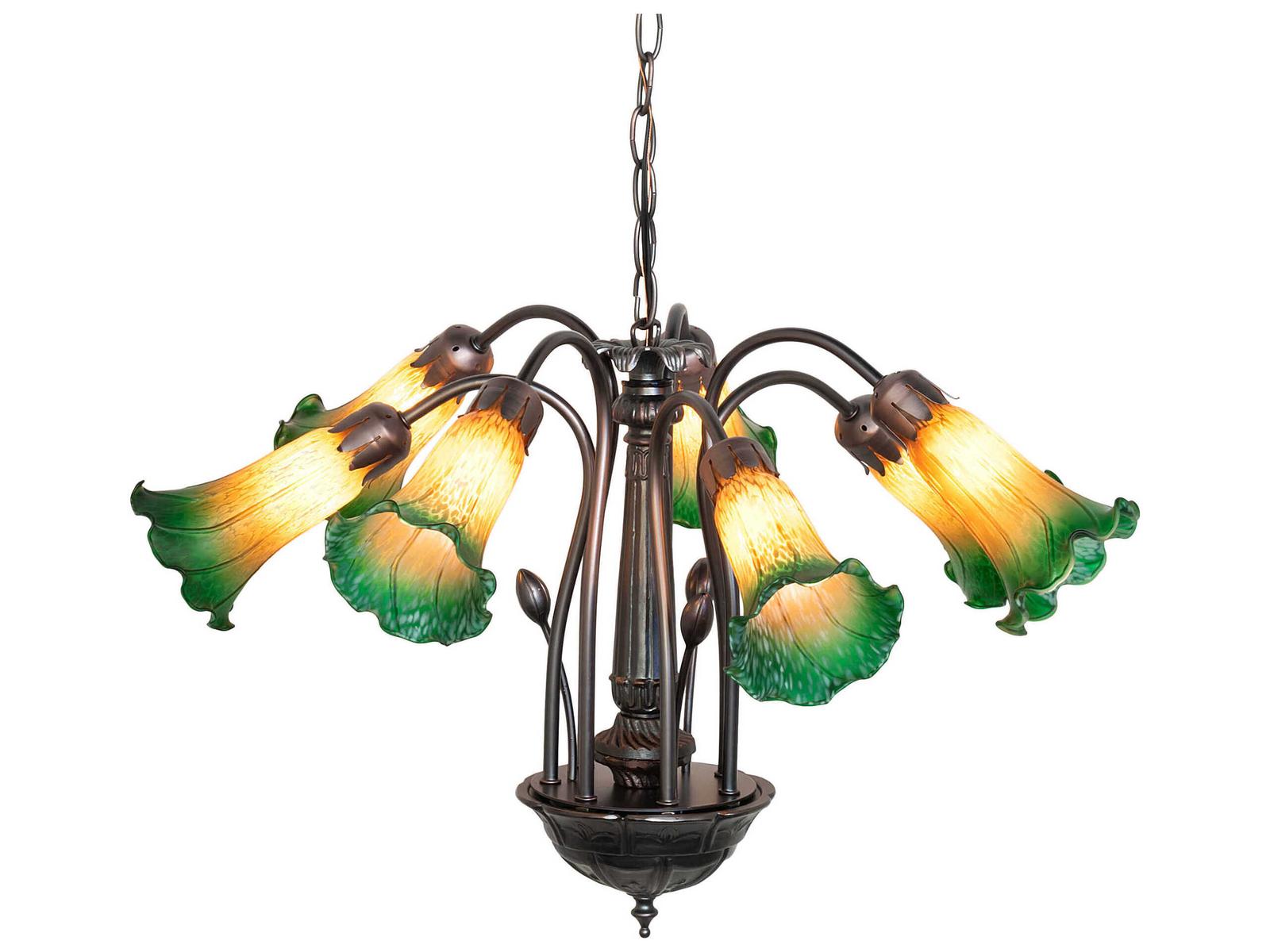 Meyda Pond Lily 7-Light Mahogany Bronze Green Glass Bell Chandelier