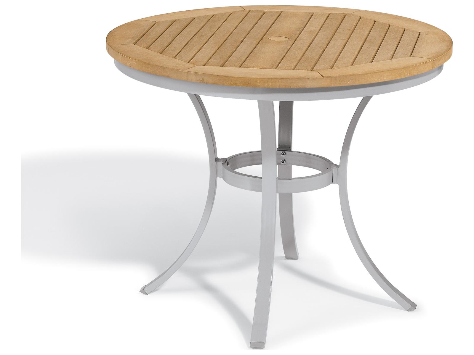 Oxford Garden Travira Aluminum Flint Round Tekwood Top Patio Bistro Table with Umbrella Hole