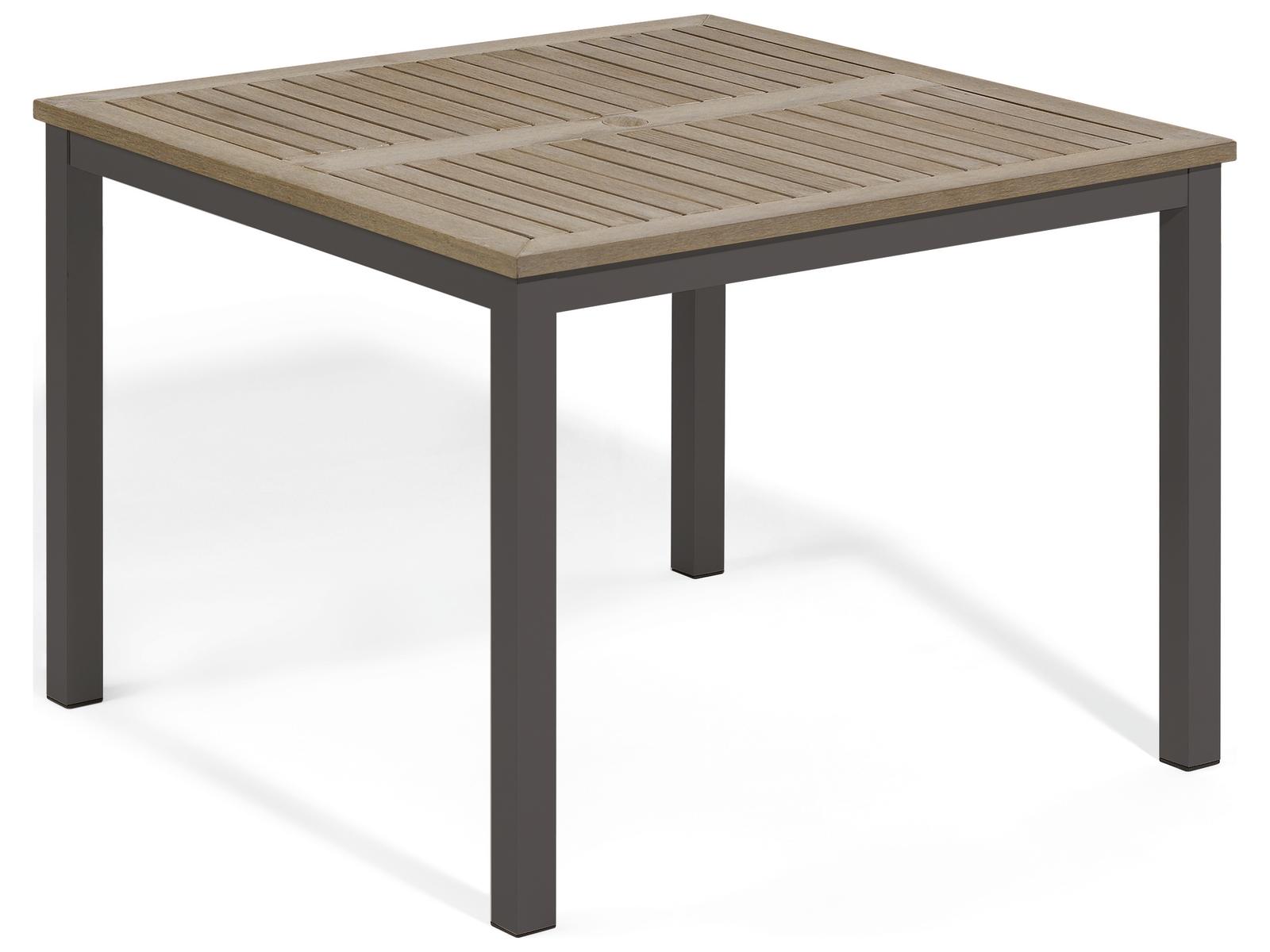 40 inch patio table with umbrella hole Oxford Garden Travira 39-inch Vintage Tekwood Top Square Dining Table with Powder-Coated Aluminum Frame