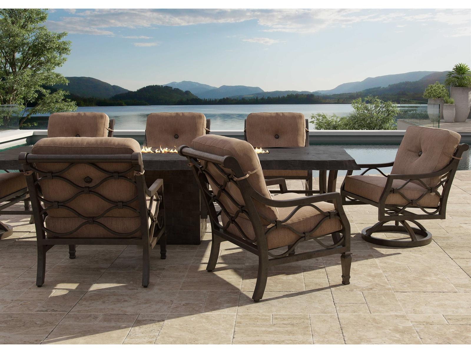 Castelle Villa Bianca Cushion Cast Aluminum Fire Pit Outdoor Patio Dining Set