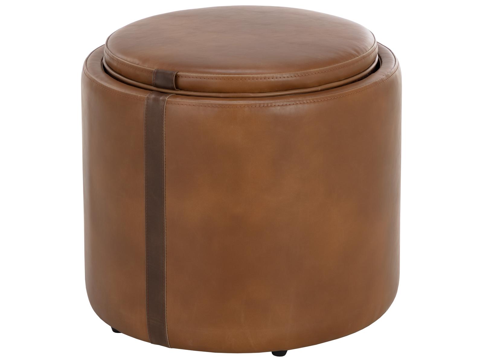 tobacco ottoman Sunpan Borelli Round Storage Ottoman — Tobacco Tan Autumn Chestnut Faux  Leather with Reversible Top
