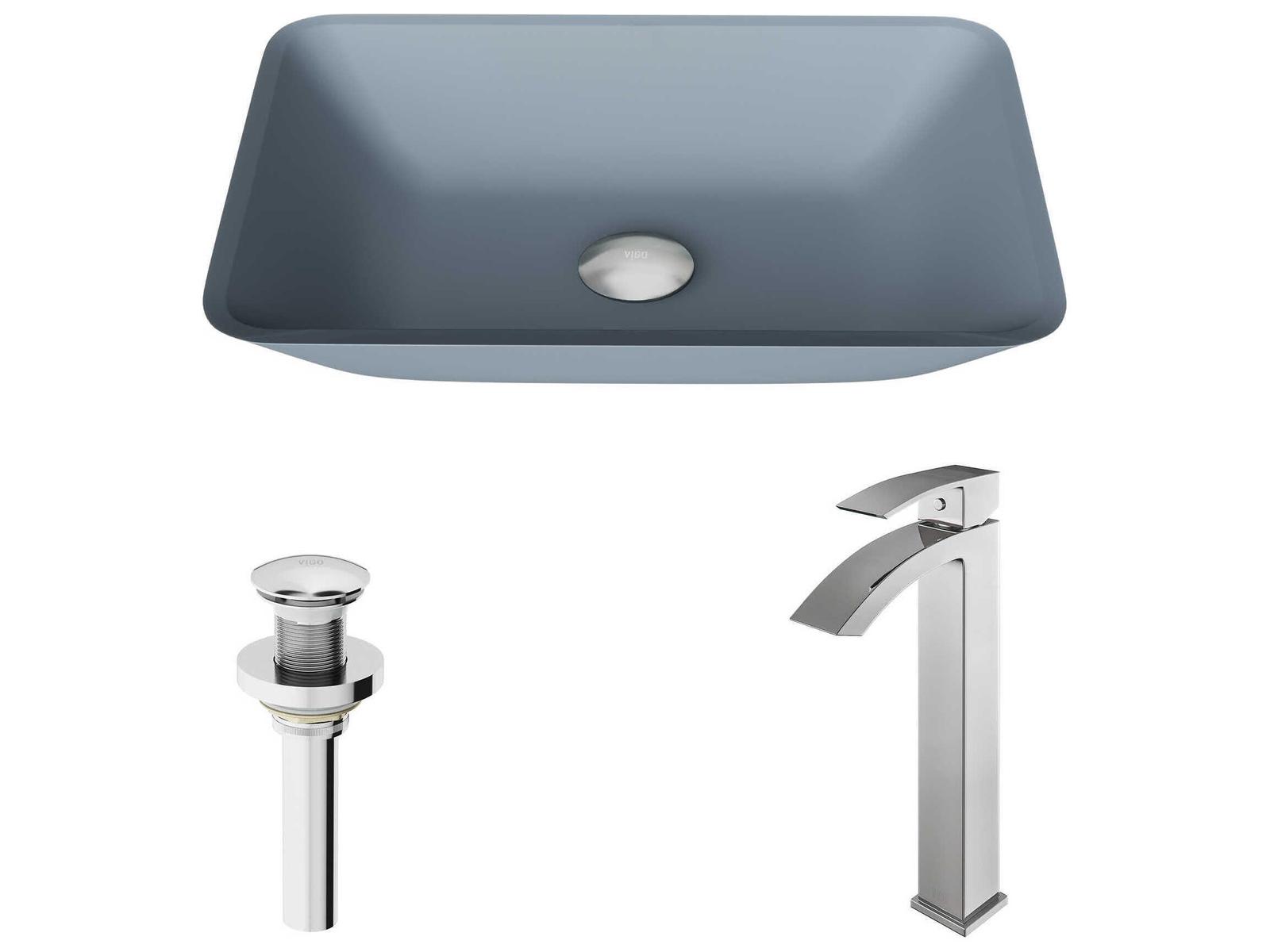 Vigo Sottile Glass Rectangular Vessel Bathroom Sink with Duris Faucet and Pop-up Drain