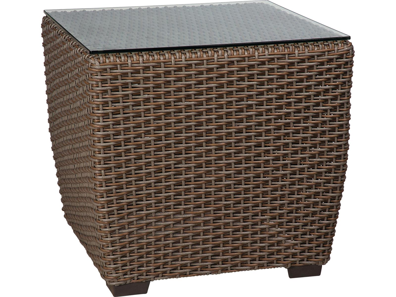 Woodard Whitecraft Augusta Wicker Aged Teak Square Glass Top Patio End Table