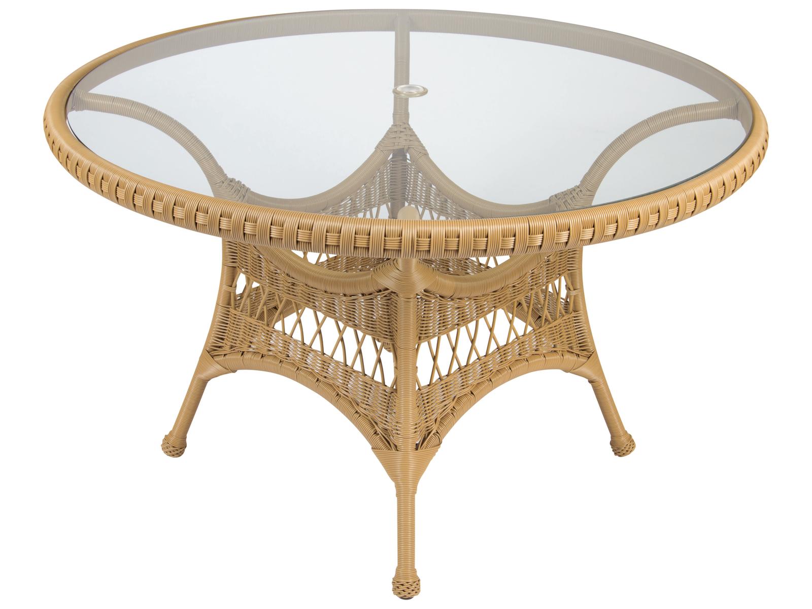 Woodard Sommerwind 48 Inch Round Wicker Glass Top Dining Table with Umbrella  Hole | PatioLiving