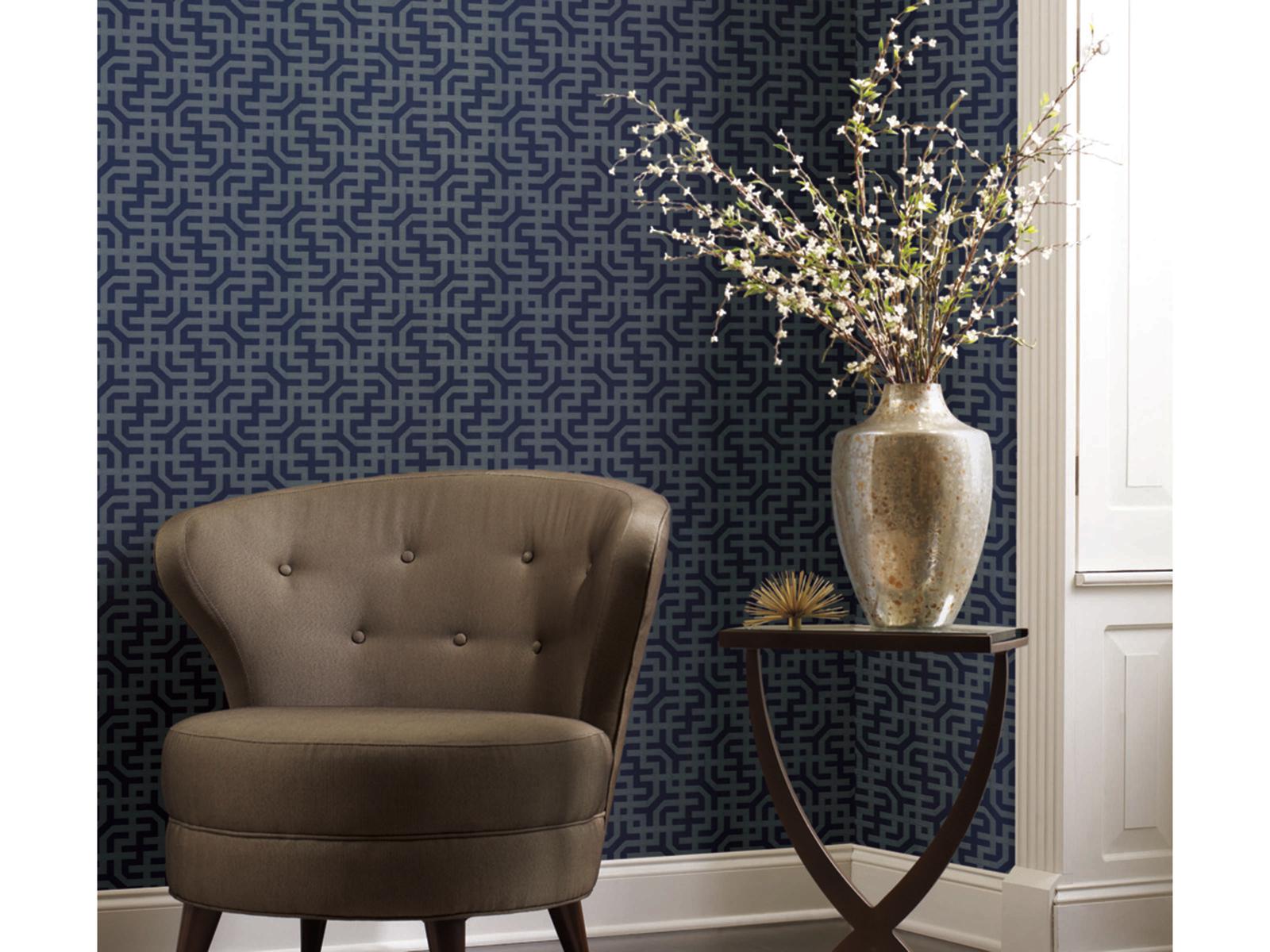 York Wallcoverings Ronald Redding Traveler Navy Dynastic Lattice Wallpaper