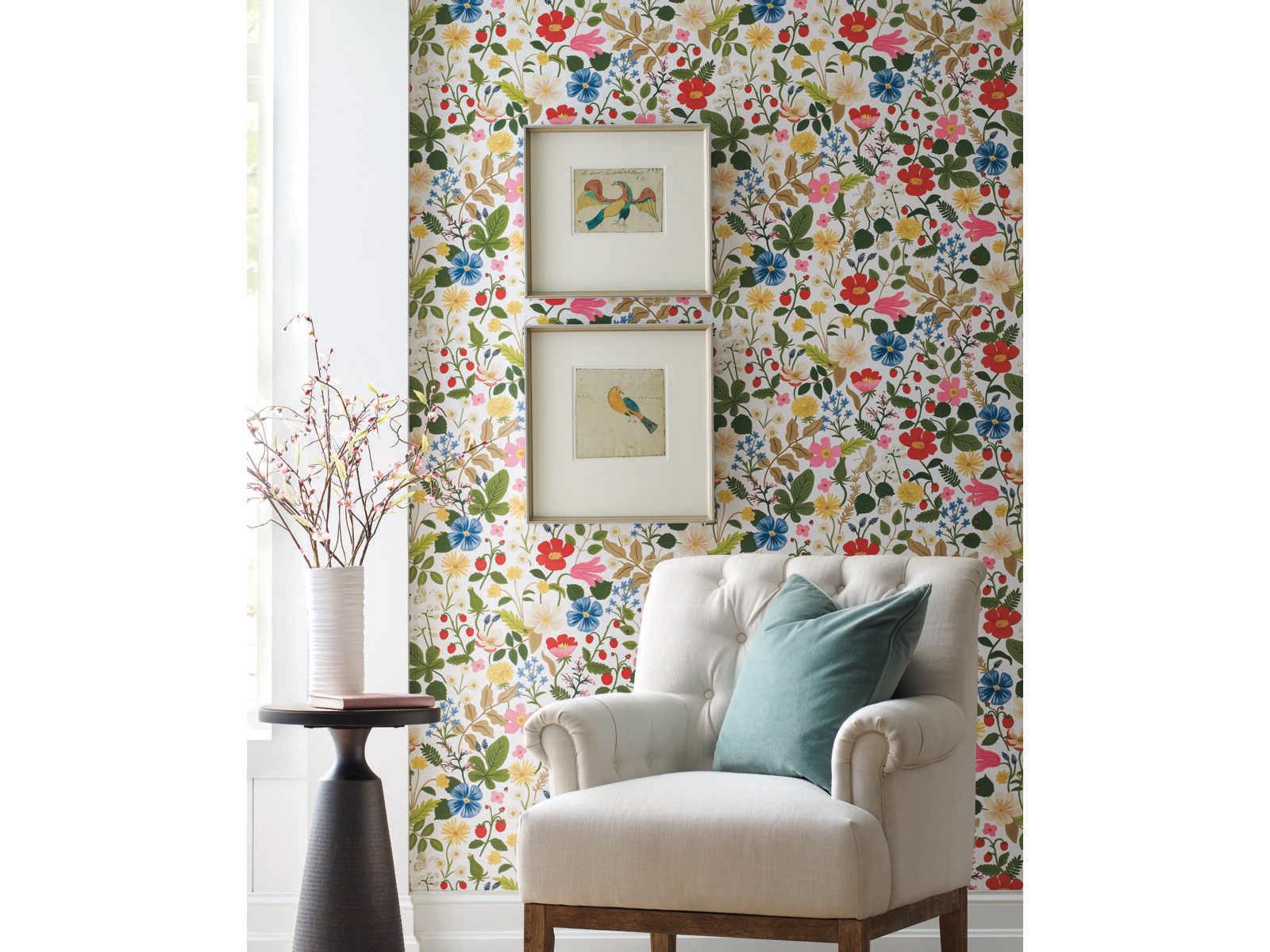 York Wallcoverings Rifle Paper Co. Second Edition White Red Strawberry Fields Wallpaper