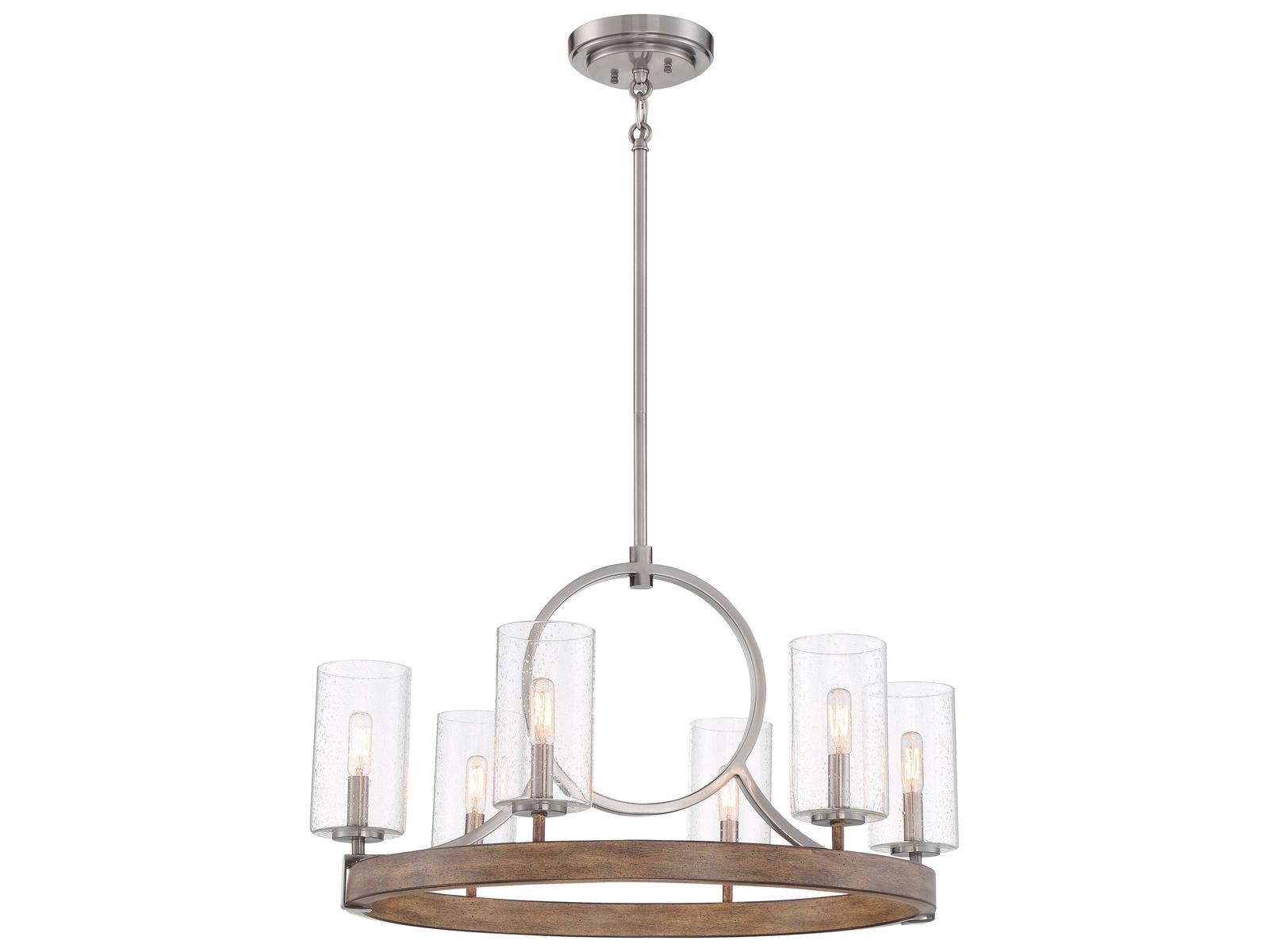 Minka Lavery Country Estates 6-Light Sun Faded Wood Brushed Nickel Brown Glass Candelabra Cylinder Linear Chandelier