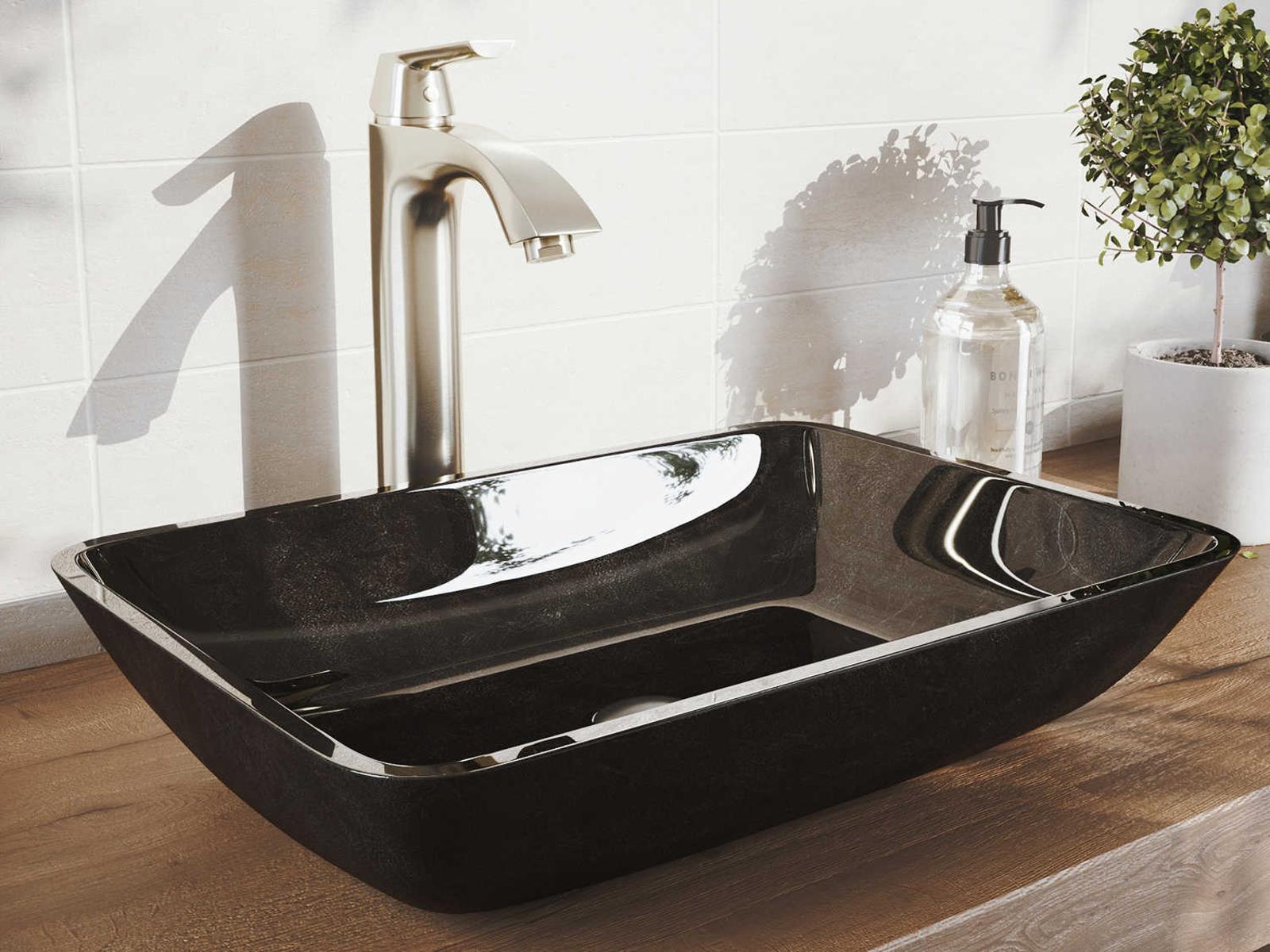 Vigo Onyx Gray 18" Rectangular Vessel Bathroom Sink Set with Brushed Nickel Linus 1-Lever Faucet and Drain