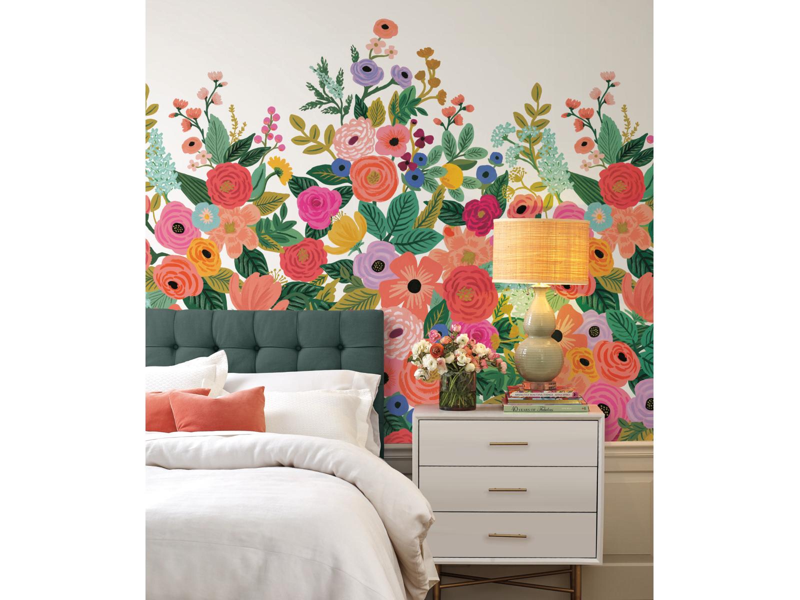 York Wallcoverings Cream / Bright Pink Garden Party Wallpaper Mural
