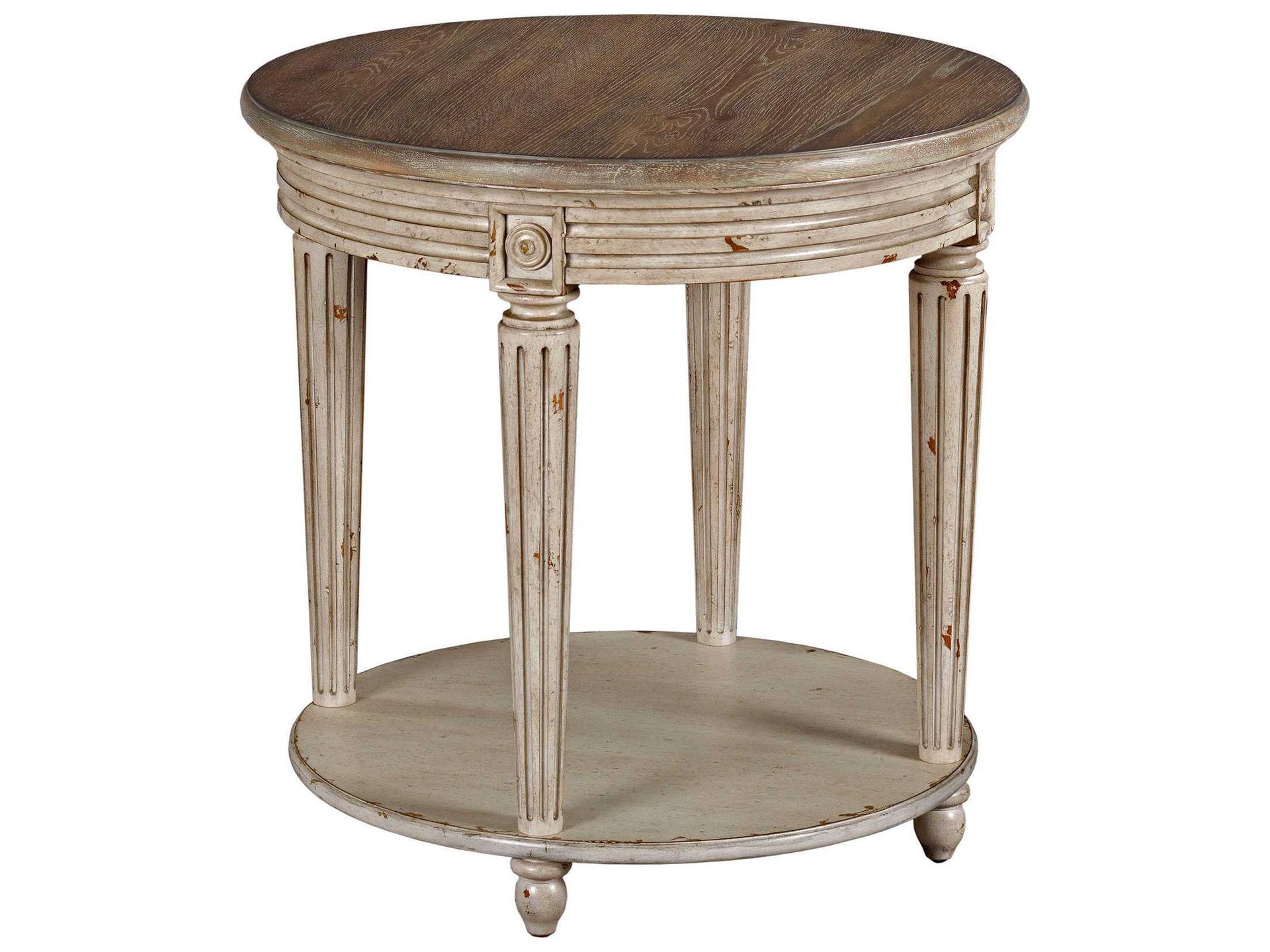 Southbury Round End Table with Lower Shelf Fossil and Parchment Finish