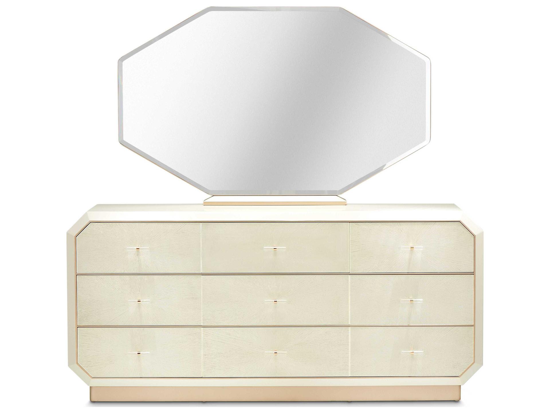 Michael Amini La Rachelle 9-Drawers White Birch Wood Triple Dresser with Mirror Set