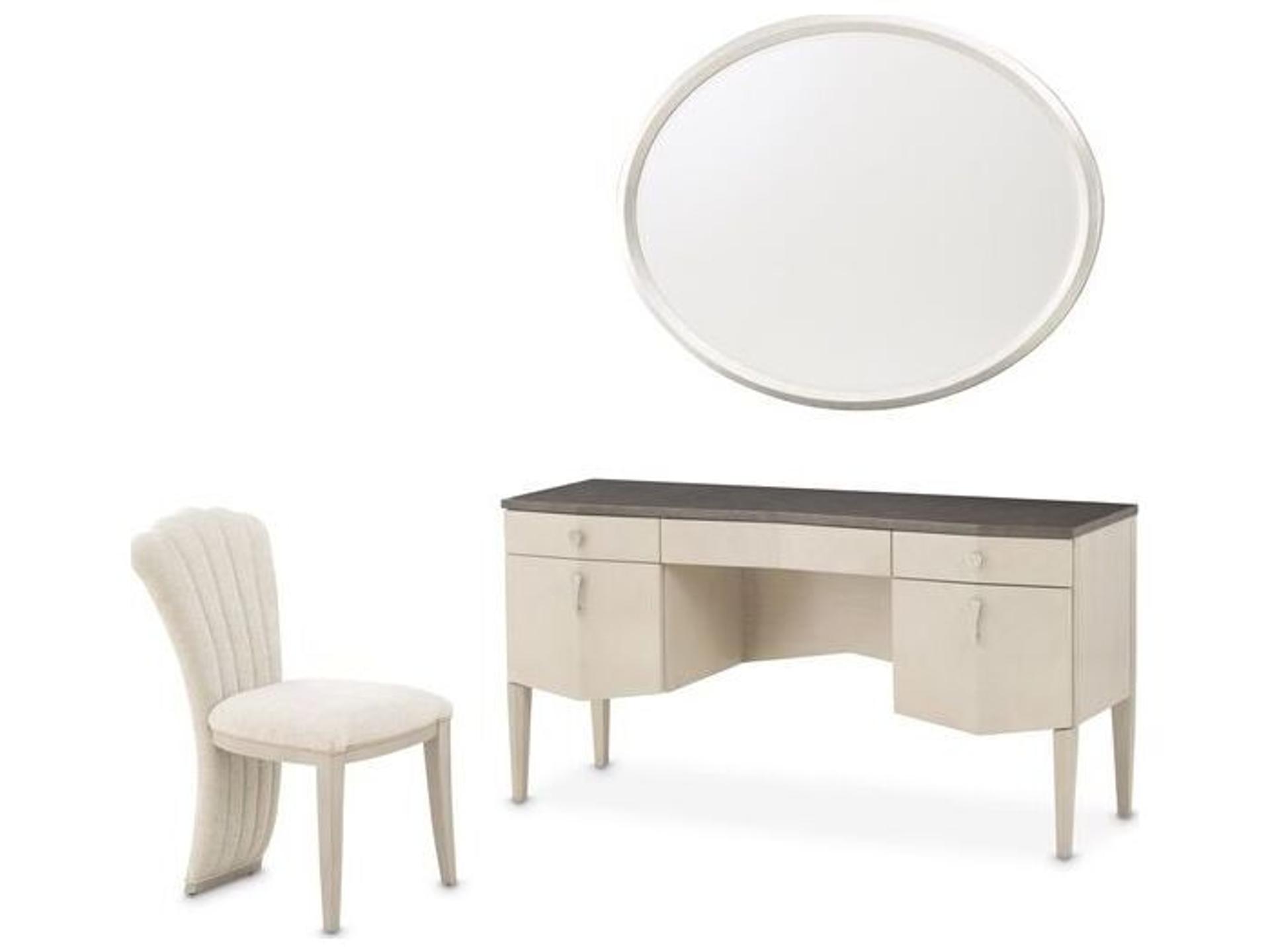 Fantosini Silver Mist Poplar Wood Vanity Table with Mirror and Chair