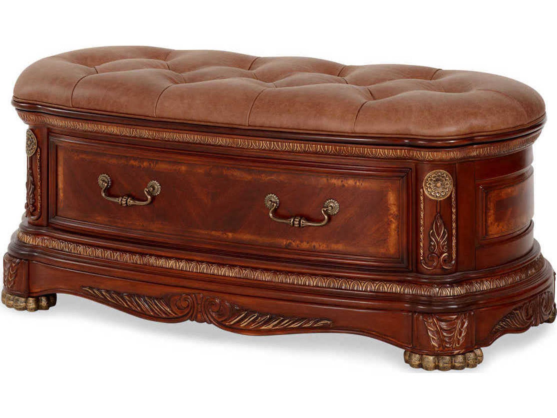 Michael Amini Cortina Honey Walnut Brown Faux Leather Accent Bench