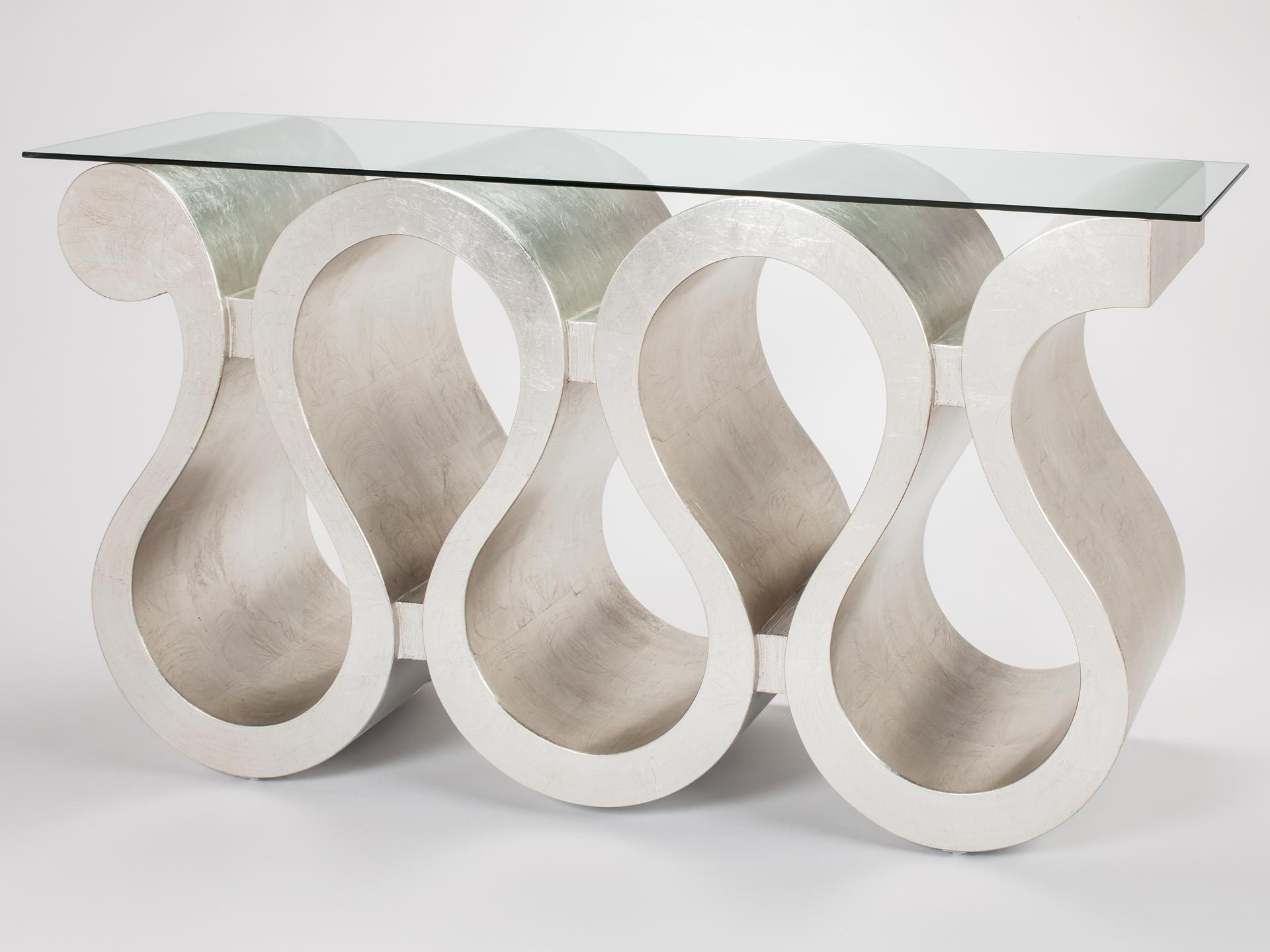 60-Inch Rectangular Glass Silver Leaf Console Table Handpainted Wood