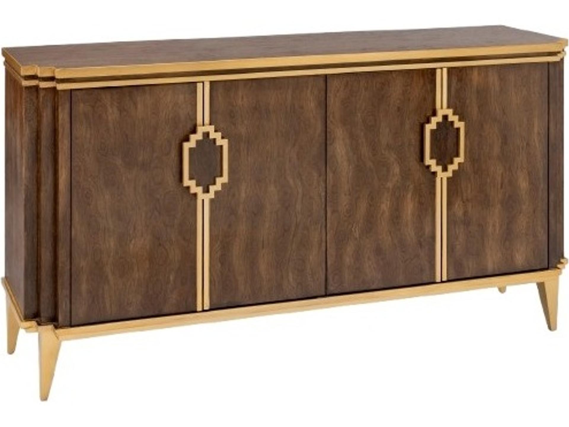 68 Inch Walnut Wood Sideboard with Bright Gold Finish