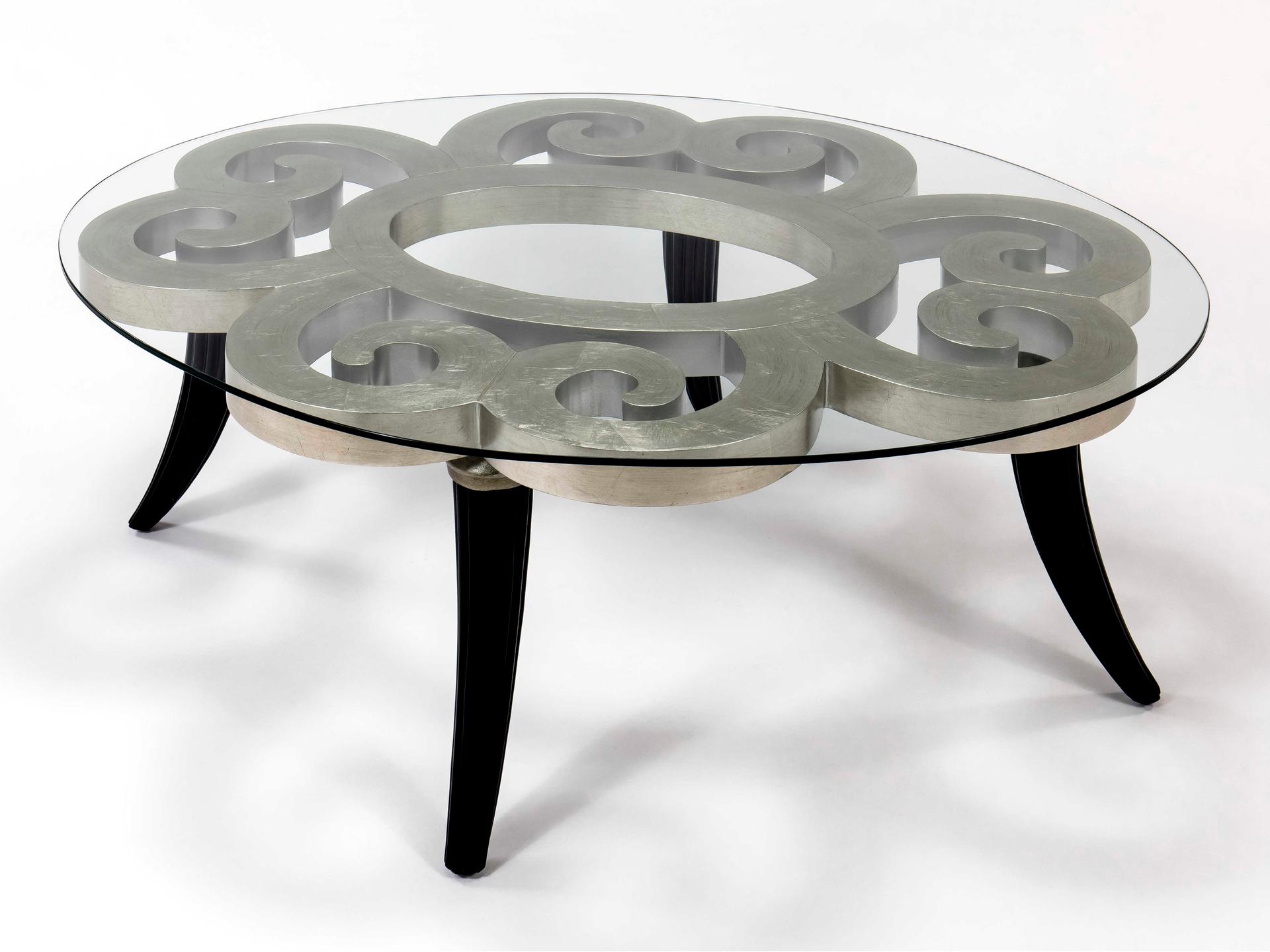 Oval Glass Coffee Table in Warm Silverleaf and Dark Espresso
