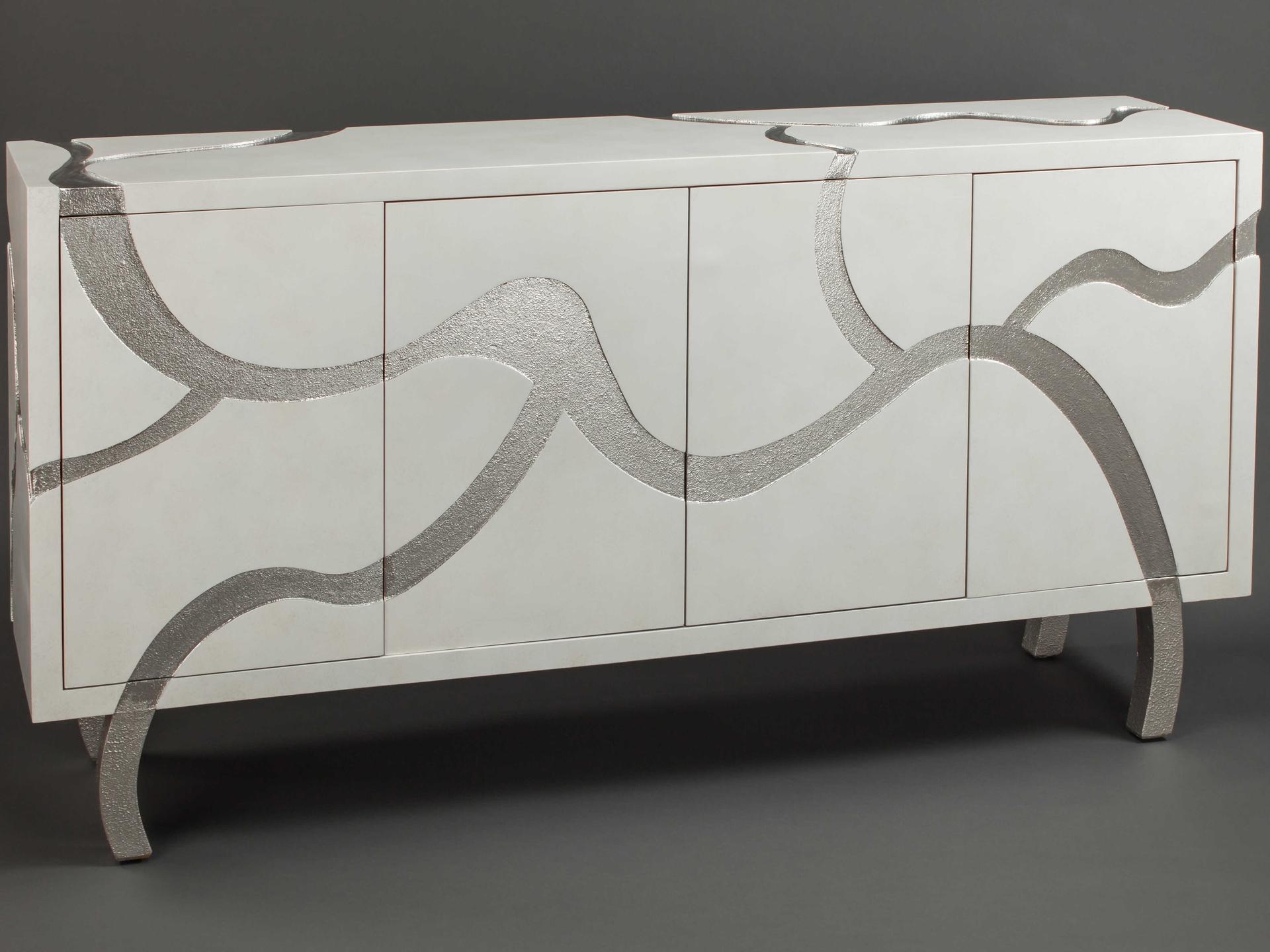 Frosty White Cabinet with Silver Inlay and Glass Top