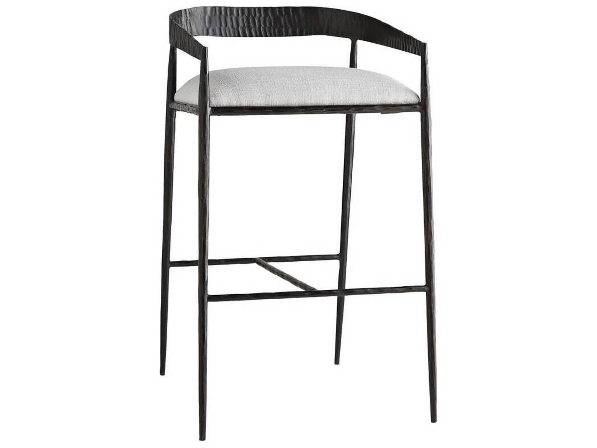 Ansel Industrial Hand-Forged Iron Bar Stool with Sterling Linen Seat