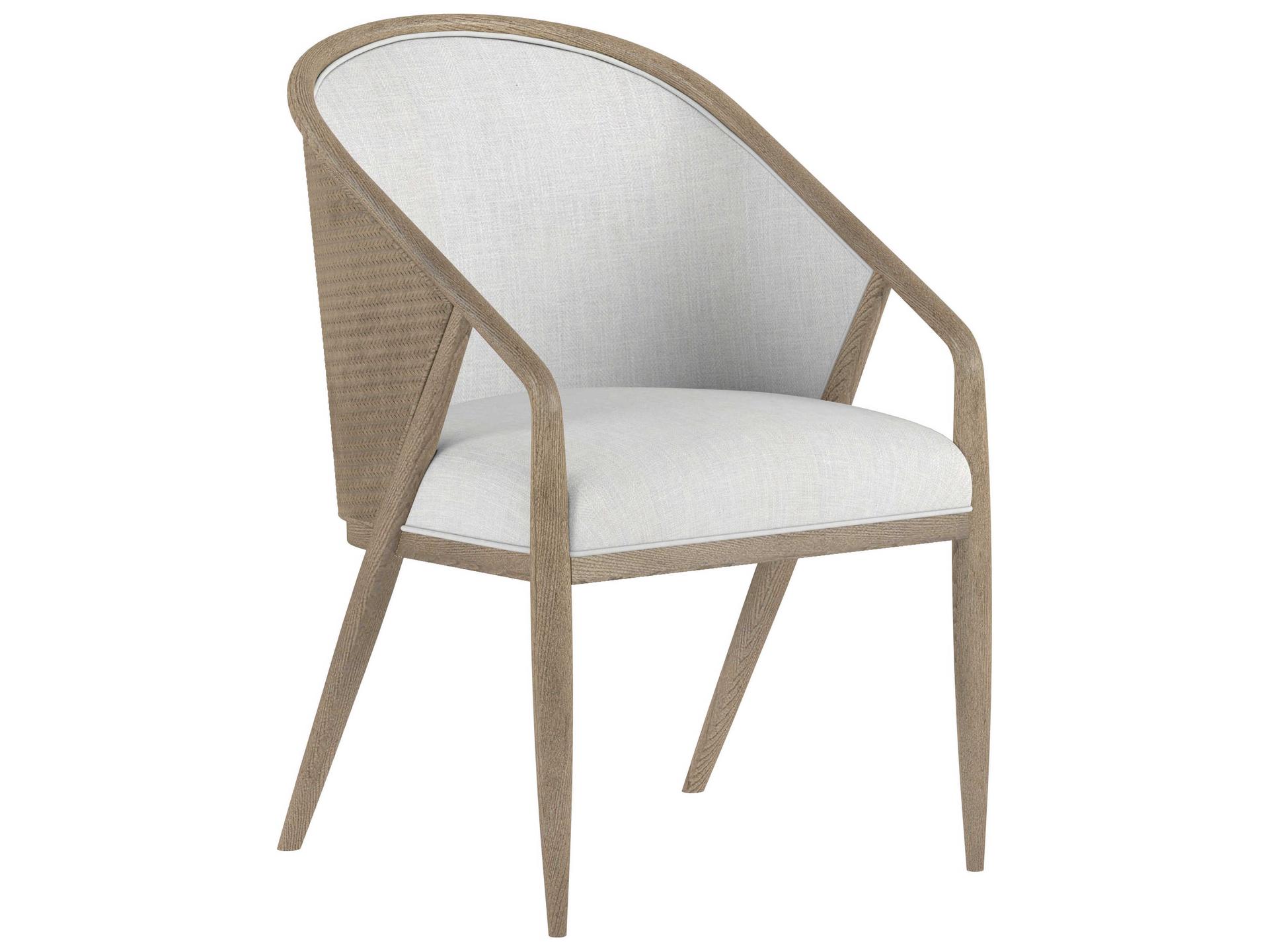 Finn Upholstered Arm Dining Chair with Woven Raffia Outback in Tawny and White