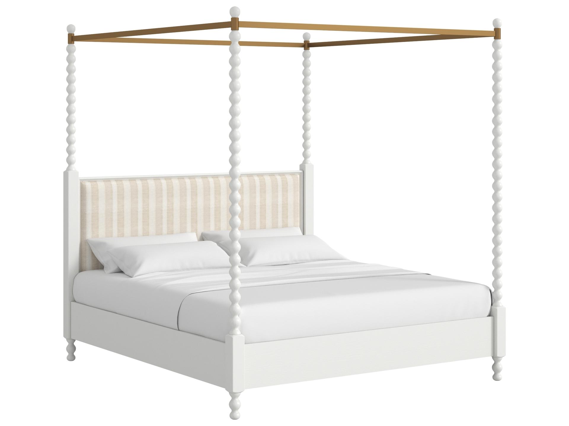 Haven Queen Upholstered Canopy Poster Bed in Warm White