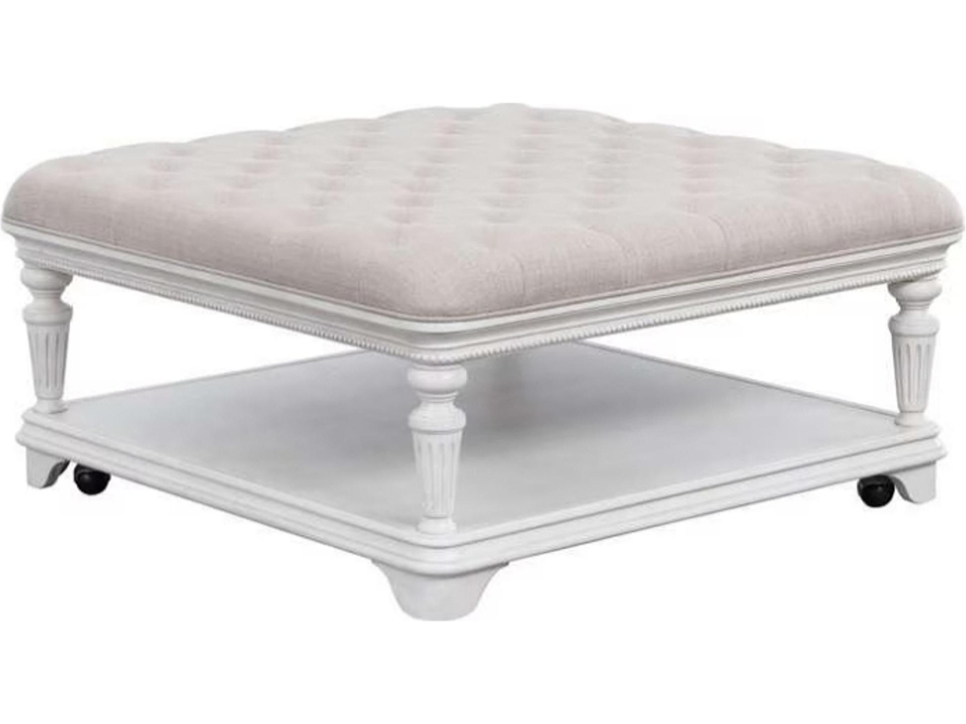 Gray Oak Distressed White Upholstered Ottoman