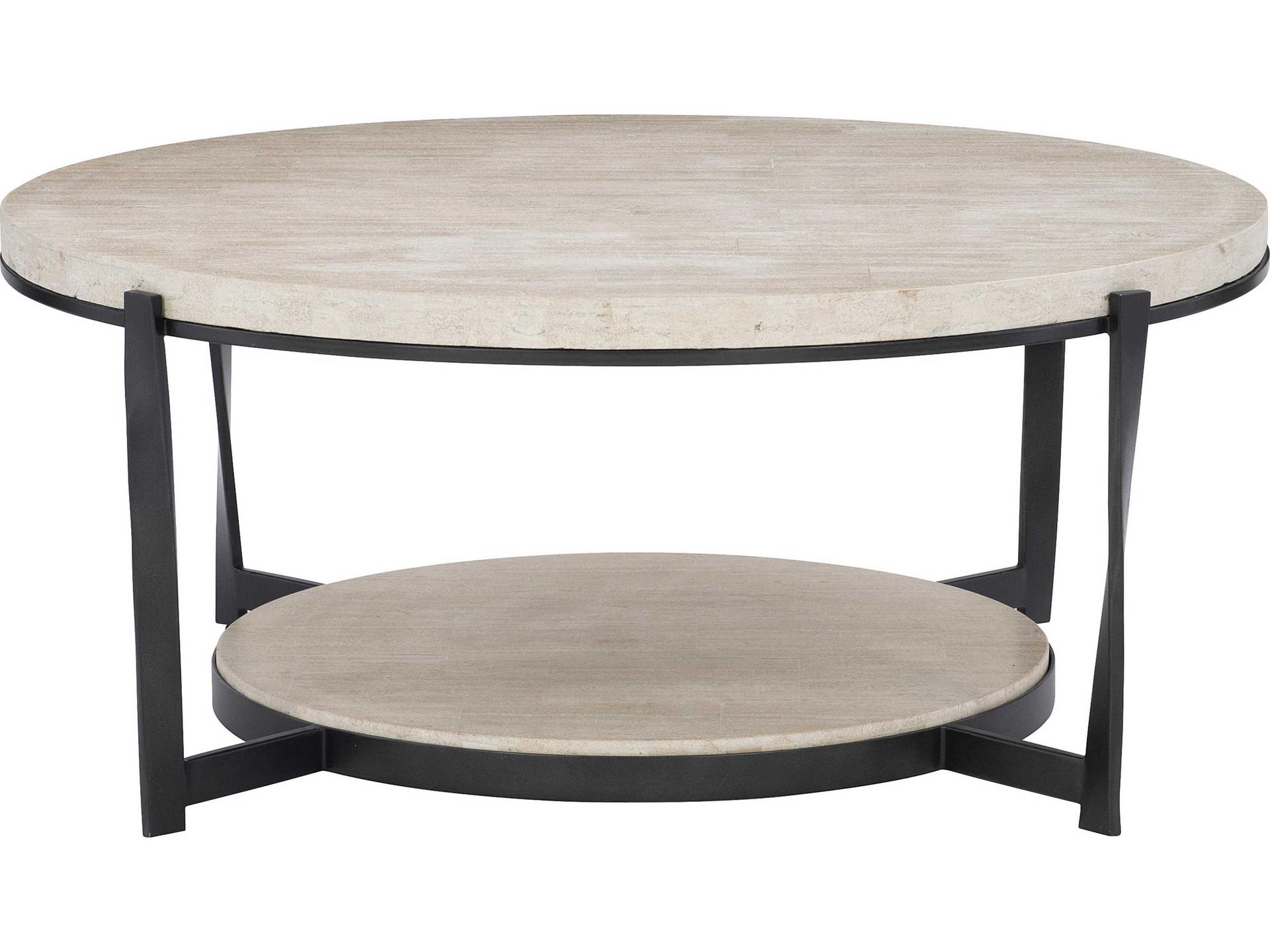 Berkshire Round Cocktail Table with White Travertine and Aged Pewter