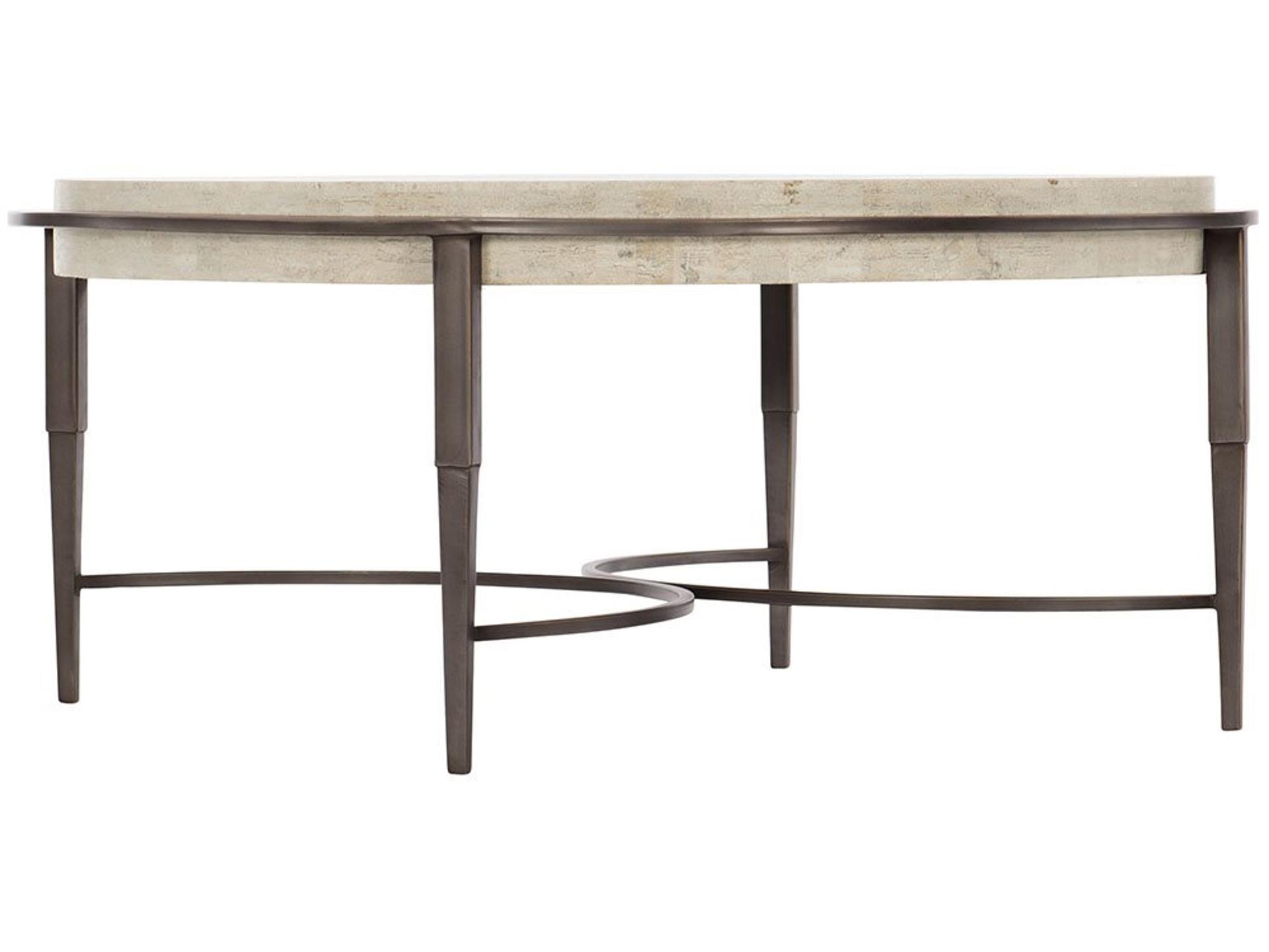 Barclay Round Cocktail Table with White Travertine Top and Antique Pewter Base