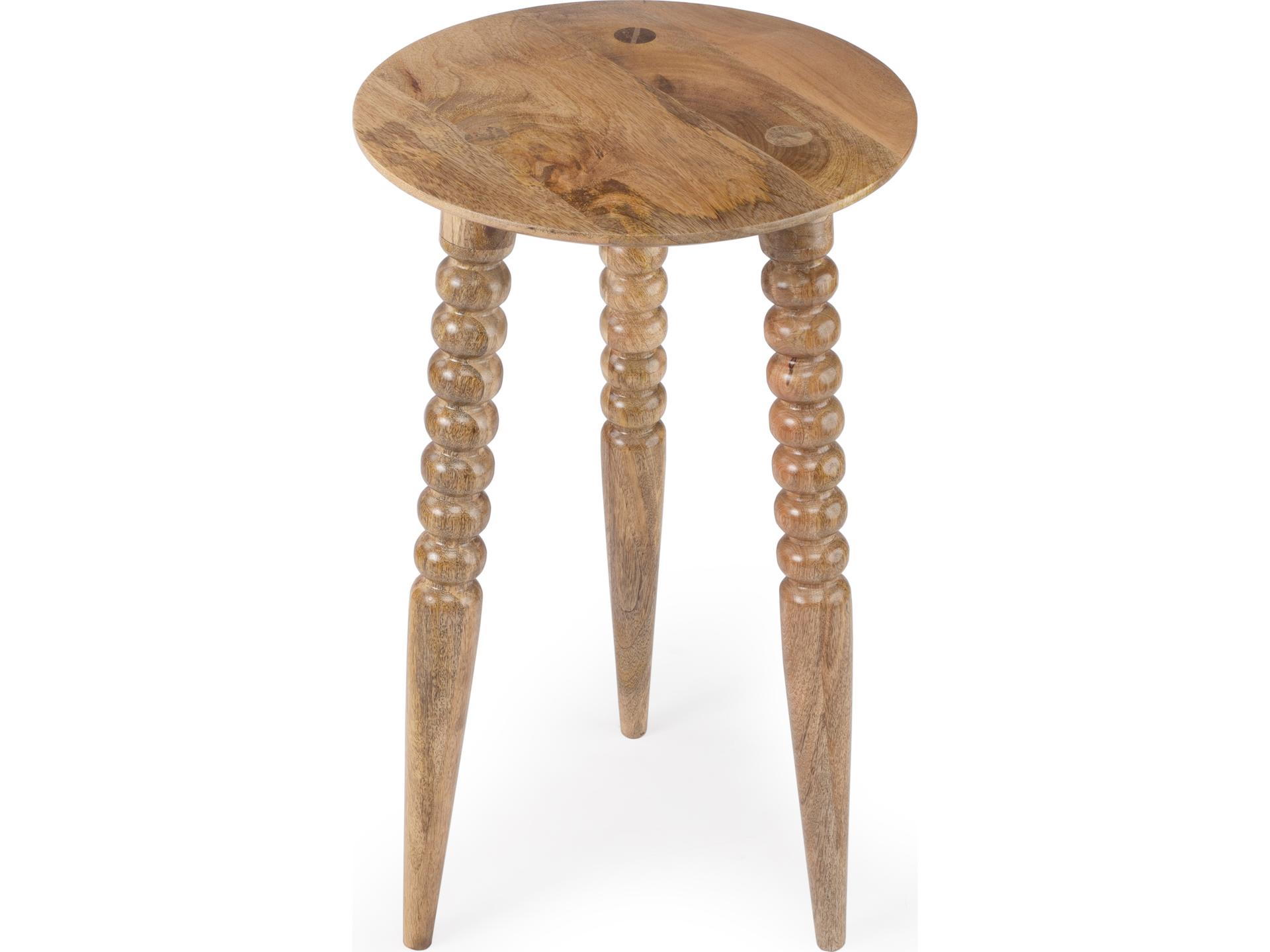 Fluornoy Round End Table in Natural Mango with Carved Tripod Legs