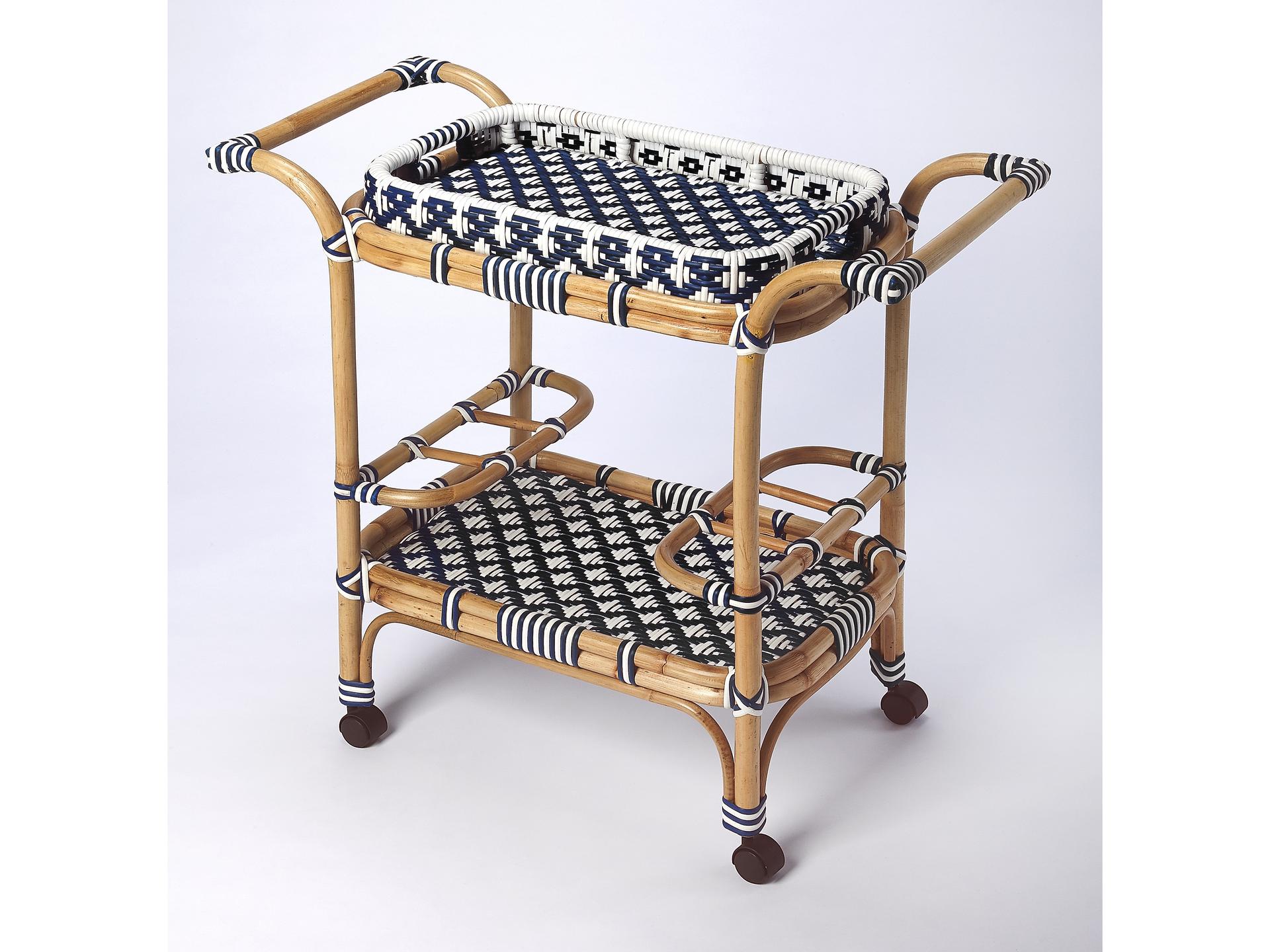 Butler Specialty Company Selena Blue Rattan Mobile Bar Cart with Removable Tray