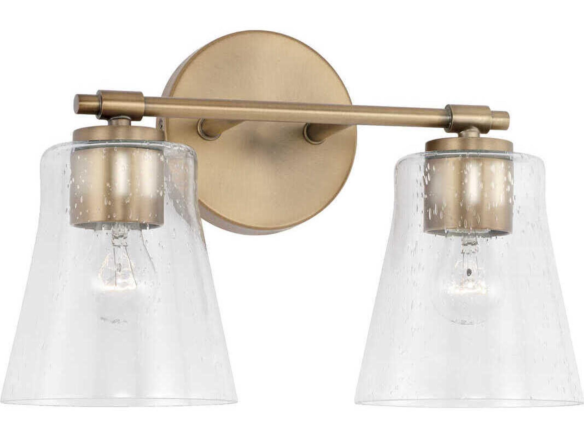 2-Light Baker Vanity Light in Aged Brass with Clear Seeded Glass