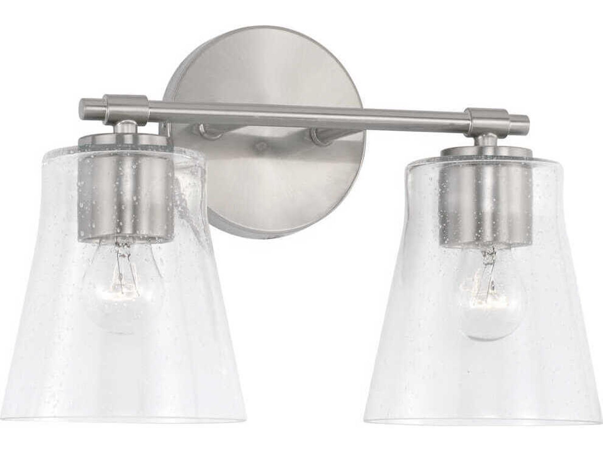 2-Light Baker Bathroom Vanity Light in Brushed Nickel with Clear Seeded Glass