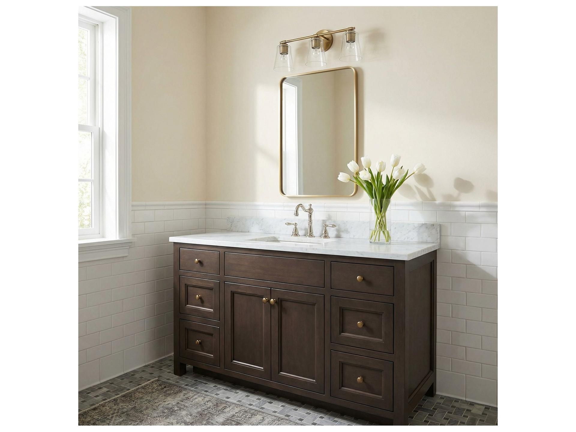 Baker 3-Light Aged Brass Bathroom Vanity Light with Clear Seeded Glass