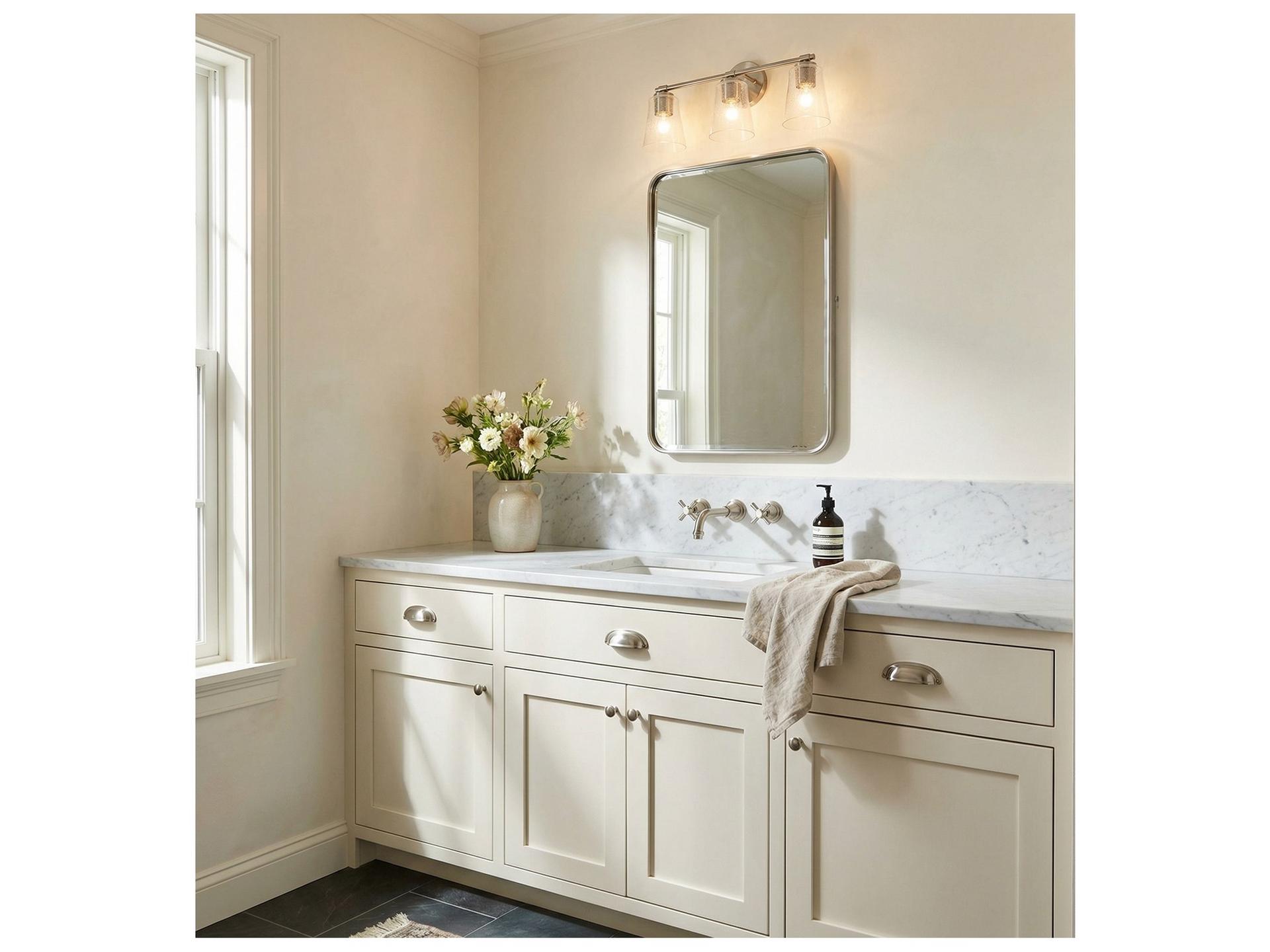 Baker 3-Light Transitional Vanity Light in Brushed Nickel with Clear Seeded Glass