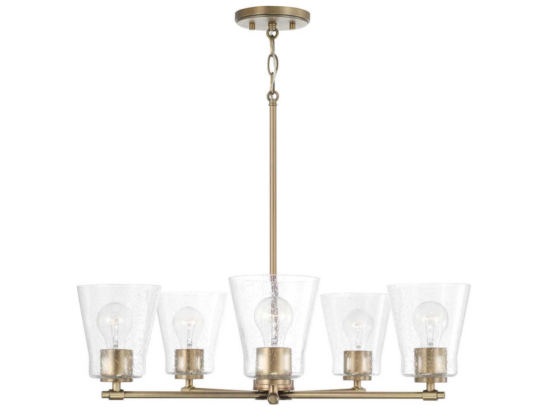 5-Light Baker Chandelier with Clear Seeded Glass in Aged Brass