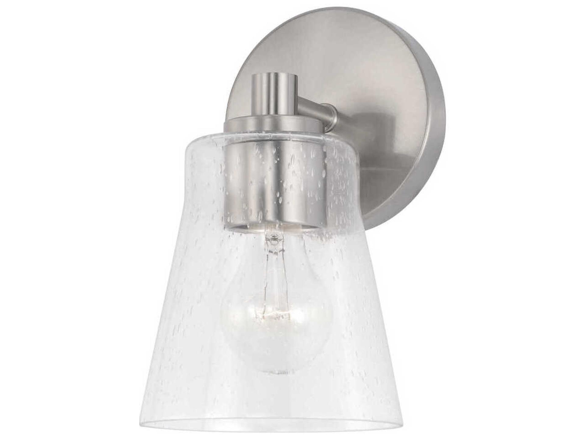 Baker 1-Light Wall Sconce in Brushed Nickel with Clear Seeded Glass
