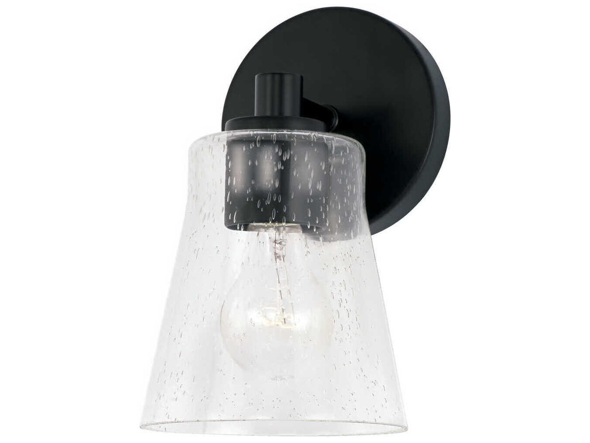 Baker 1-Light Sconce in Matte Black with Clear Seeded Glass