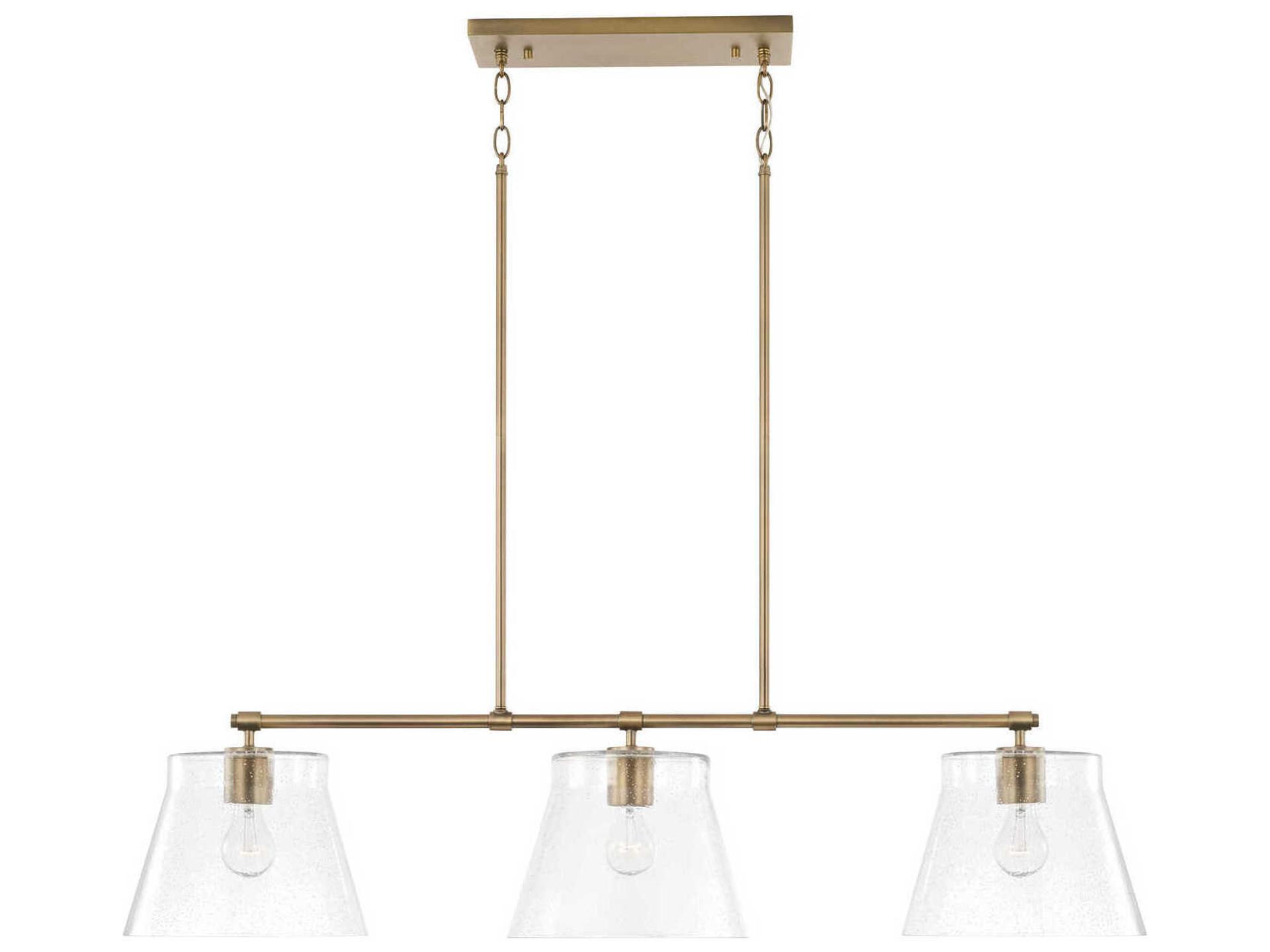 3-Light Baker Linear Chandelier in Aged Brass with Clear Seeded Glass