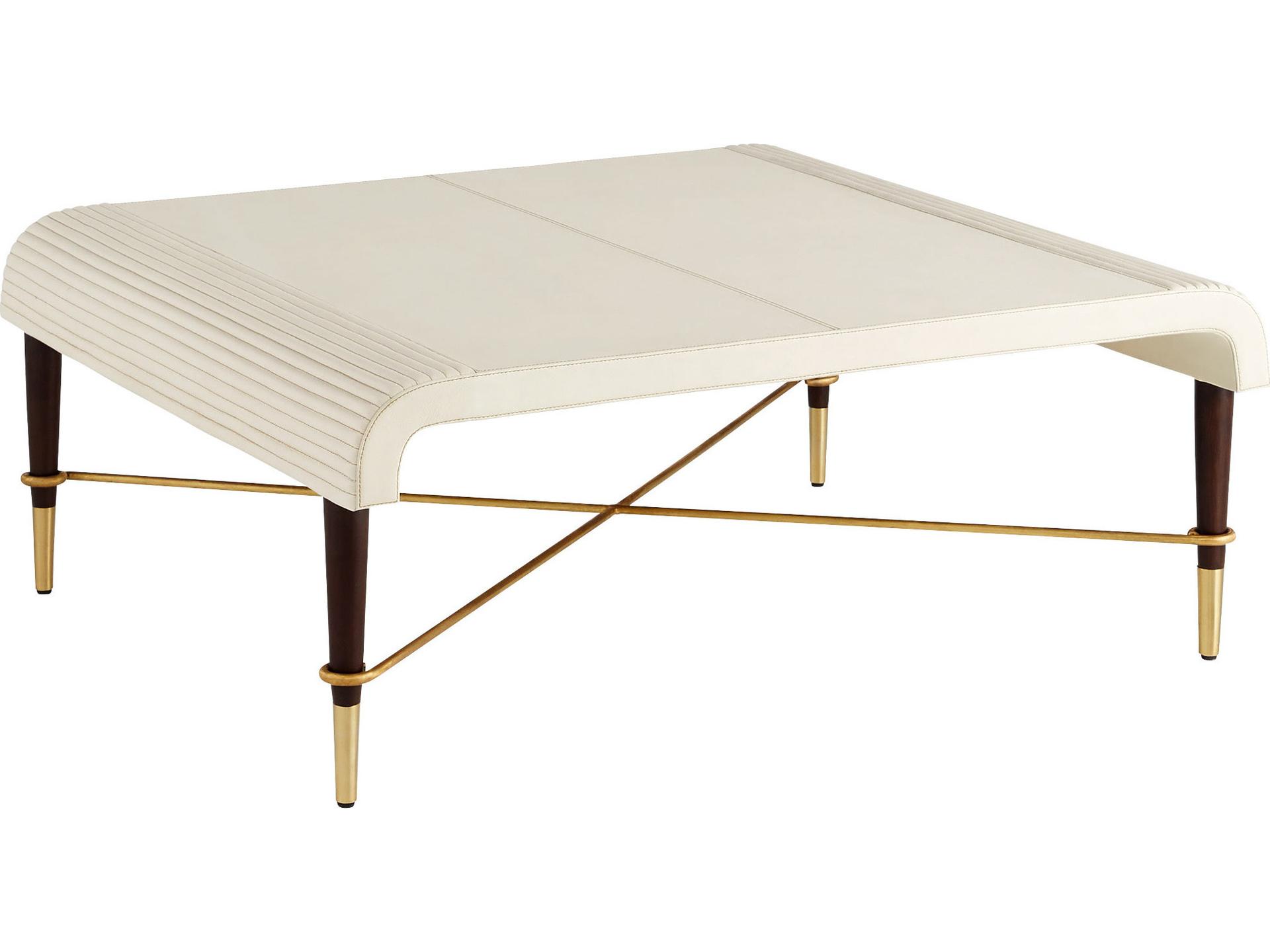 Channel Leather and Walnut Cocktail Table in Off-White and Brass