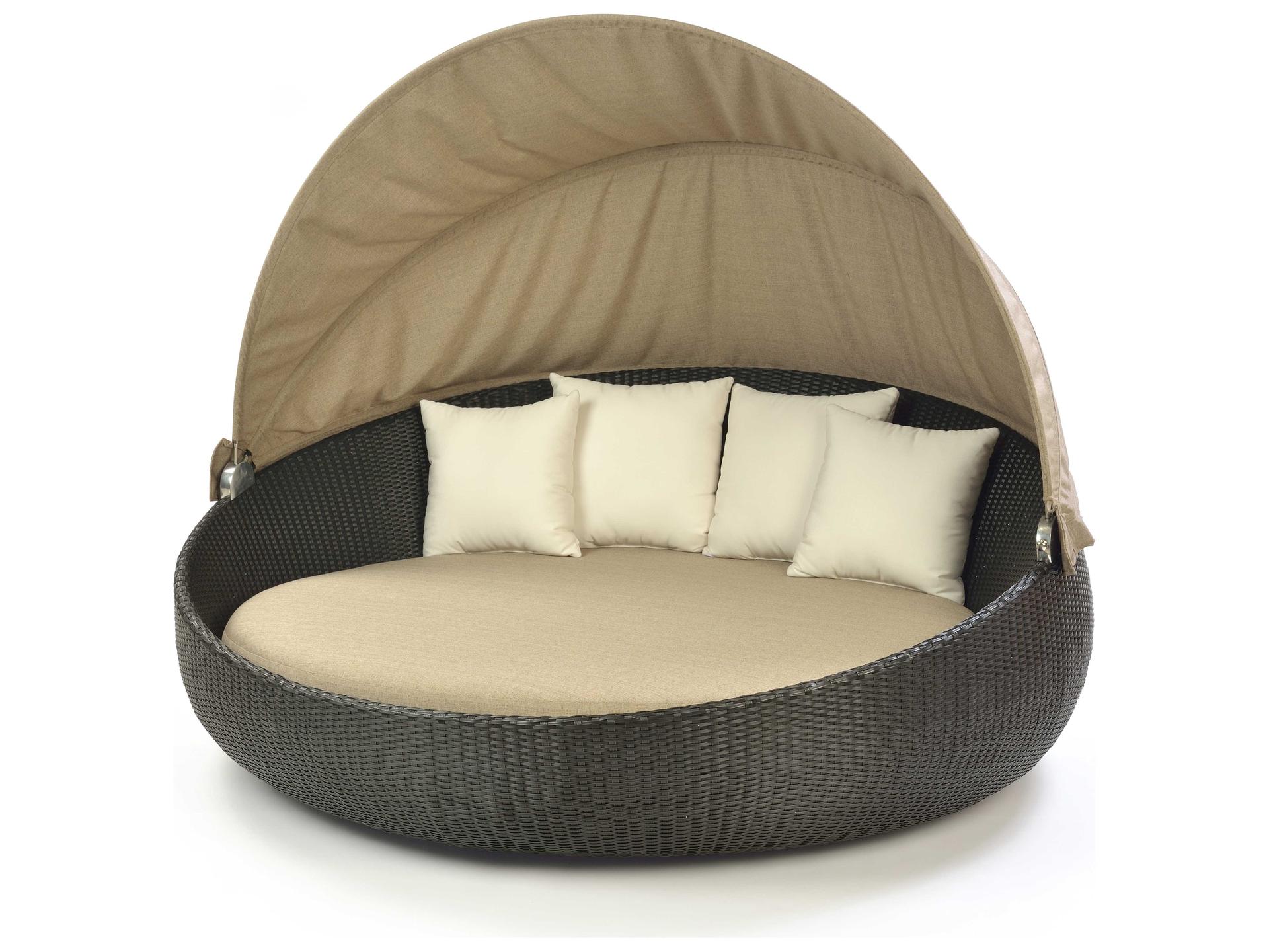 Dijon Wicker Round Outdoor Patio Daybed with Canvas Fabric Canopy Style