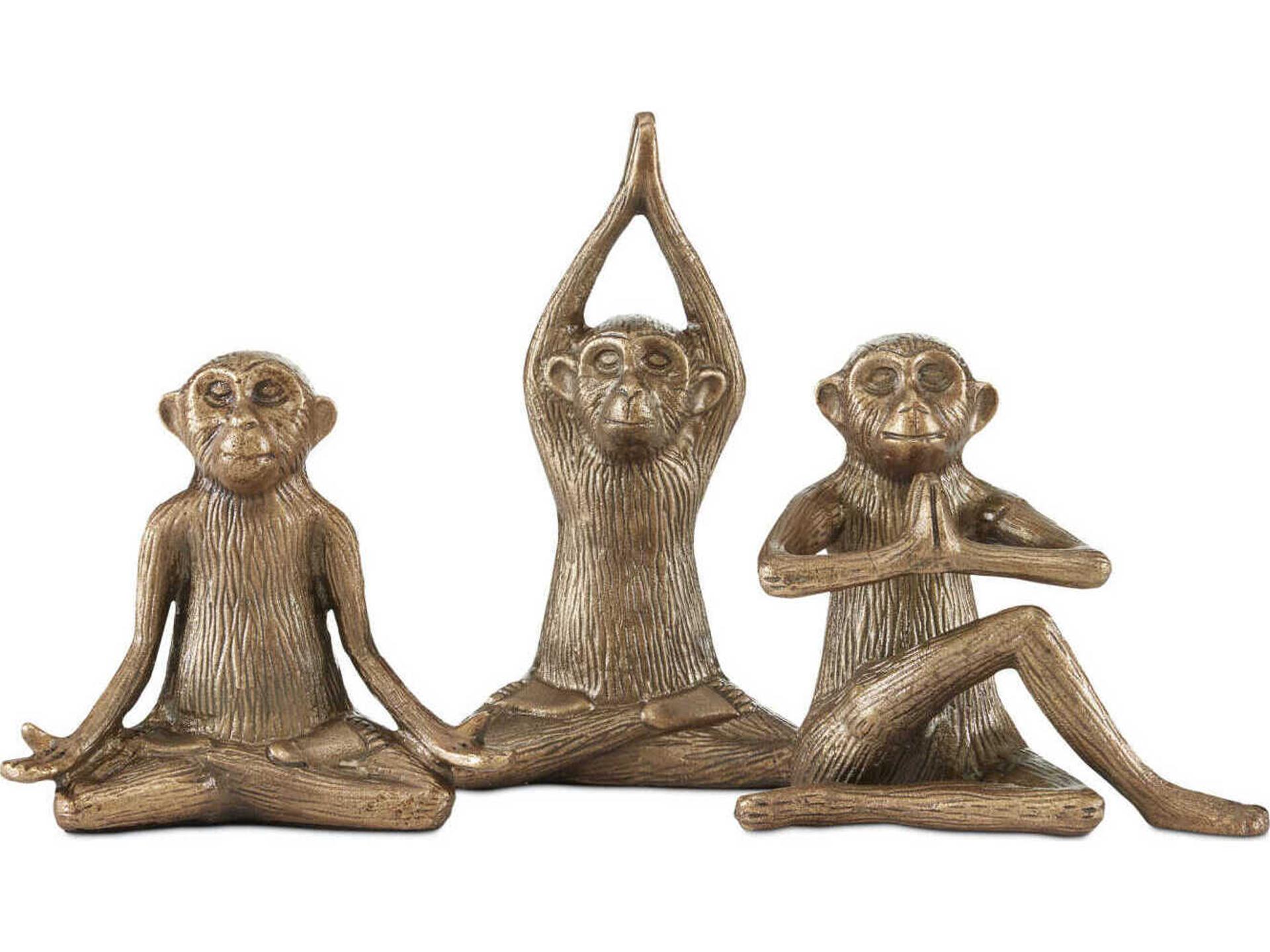 Currey and Company Zen Brass Monkey Sculpture Set of 3 in Antique Brass Finish