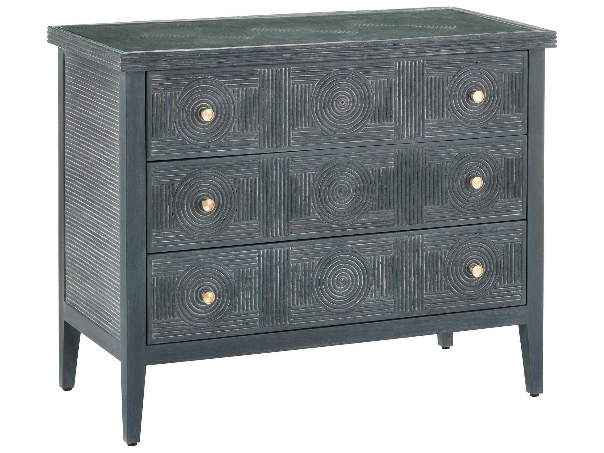Currey and Company Santos 3-Drawer Rattan Accent Chest in Vintage Navy