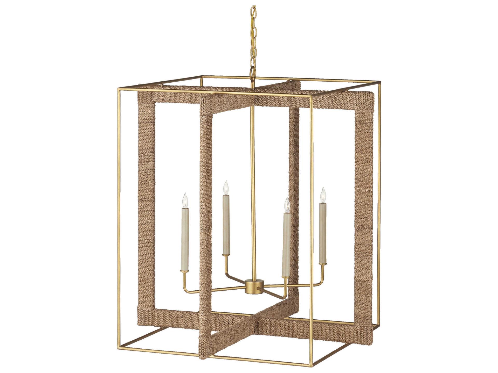 Currey and Company 4-Light Purebred Chandelier in Gold Leaf and Natural Abaca Rope