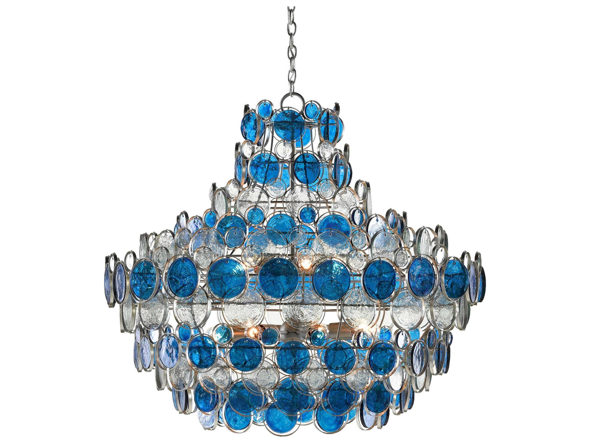 Currey and Company Galahad 12-Light Chandelier in Contemporary Silver Leaf and Blue